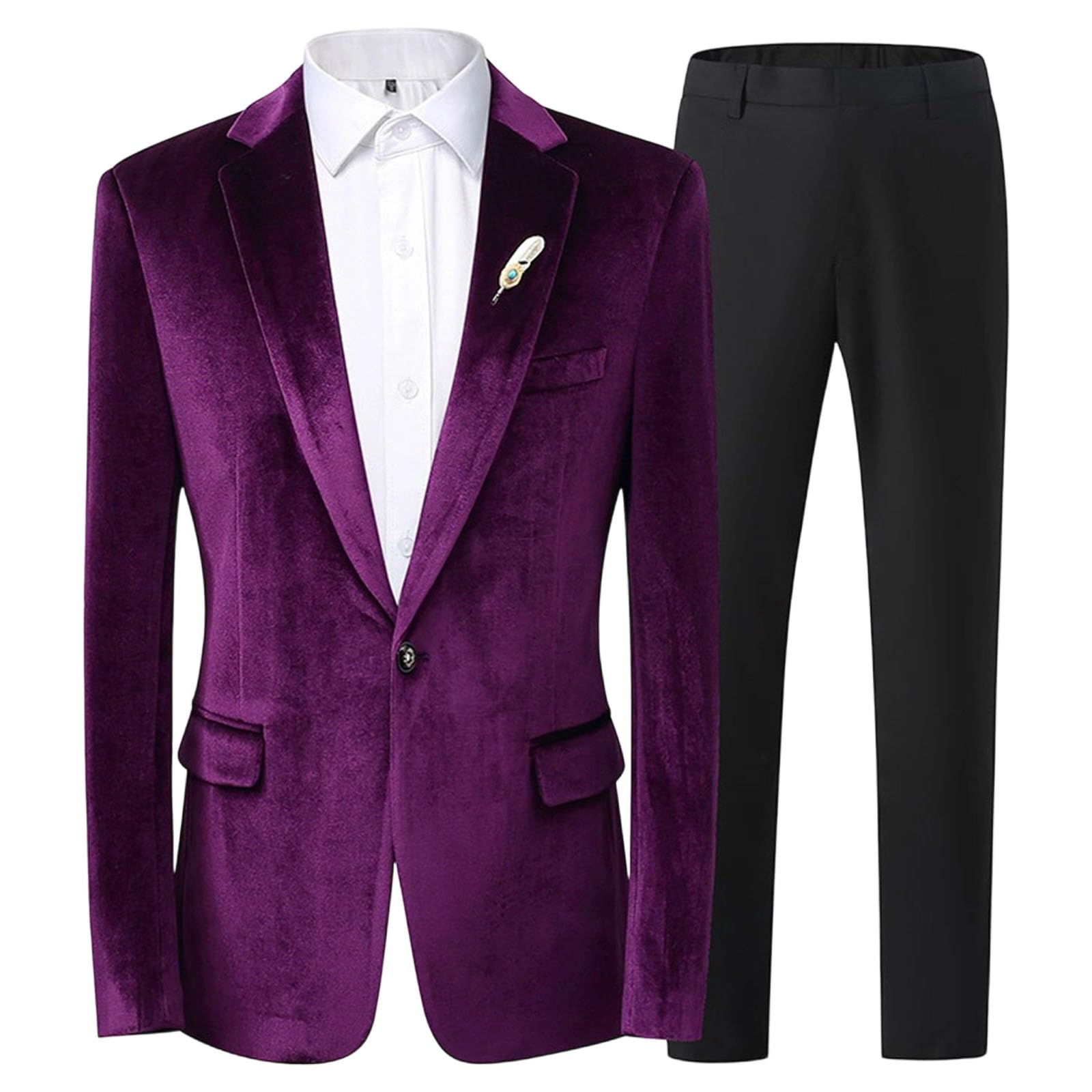 Men's Velvet Suit Set Slim Fit Tuxedo One Button Blazer Pants for Dinner