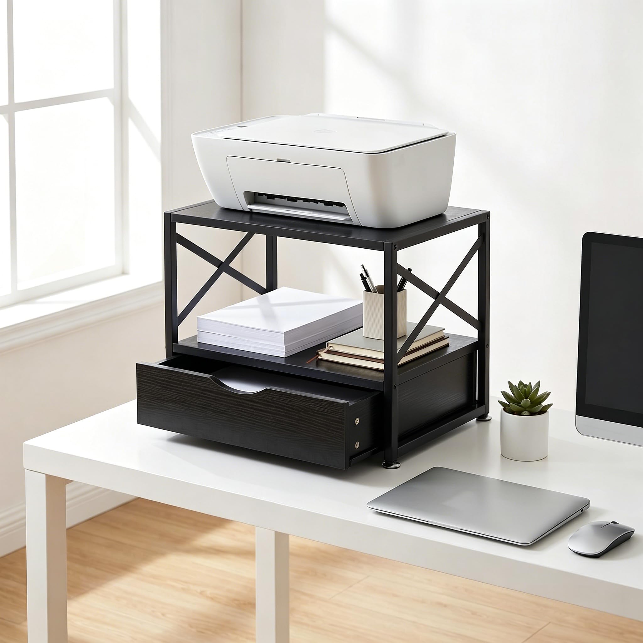 Panana 2 Tier Desktop Printer Stand Desk Organiser,Home Office Wooden Printer Table with Storage Drawer for Fax Machine,Scanner (Black)