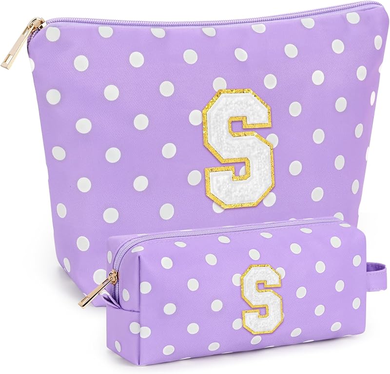 mibasies 2 Necessaires de Maquiagem com Inicial, Poá Roxo S, para Viagem