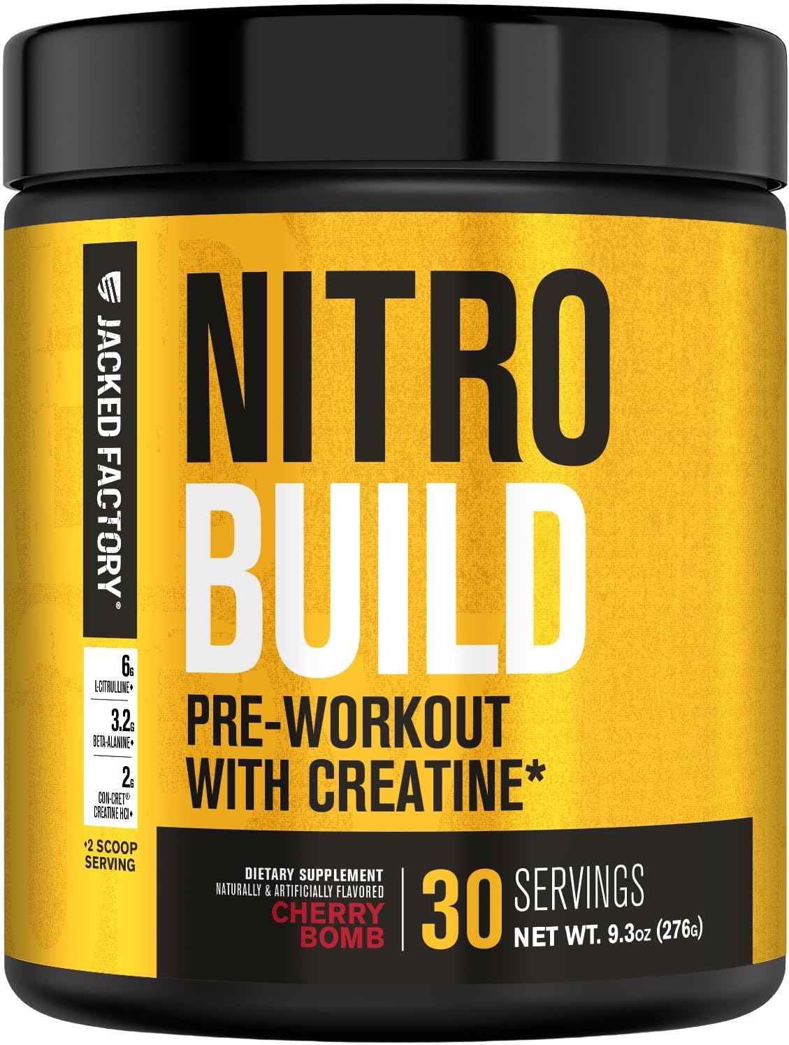 Jacked Factory Nitrosurge Build Pre Workout with Creatine for Muscle Building - Con Cret Creatine Powder & elevATP for Intense Energy, Powerful Pump, & Endless Endurance - 30 Servings, Cherry Bomb
