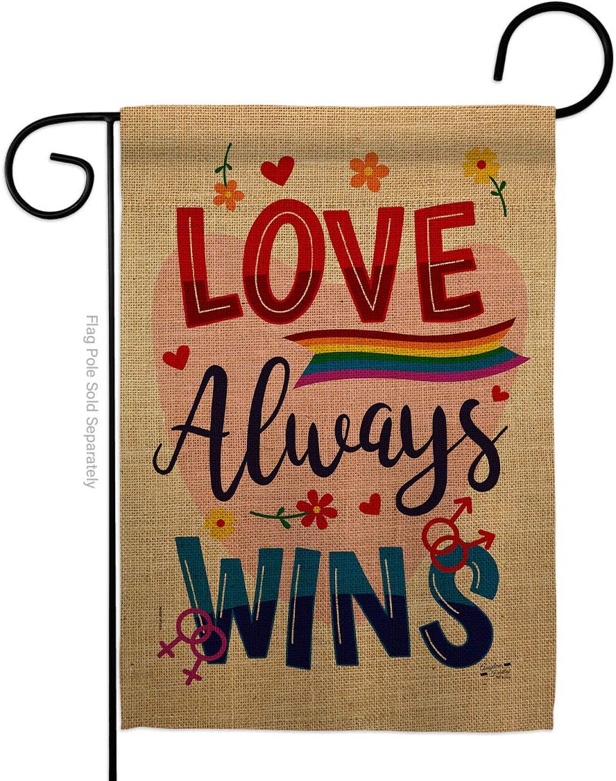 Love Always Wins Garden Flag Set Wall Holder Support Pride Rainbow LGBT Gay Bisexual Pansexual Transgender Small Decorative Gift Yard House Banner Made In USA 13 X 18.5