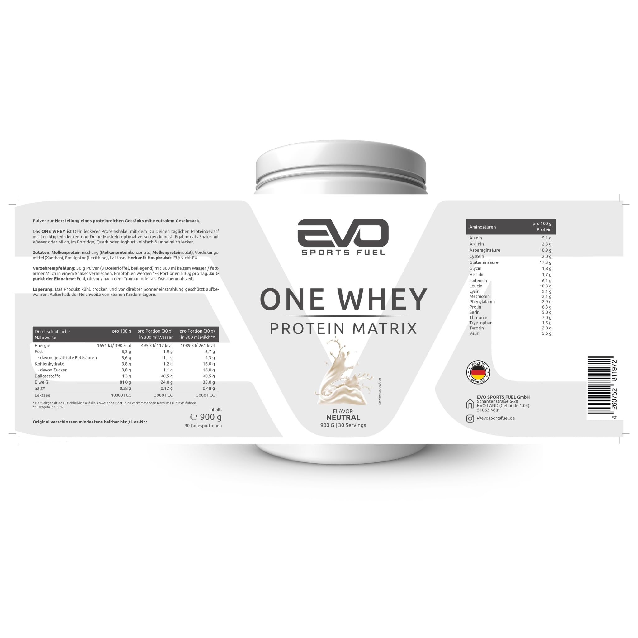EVO SPORTS FUEL One Whey Protein Pulver Matrix | Neutral | 900g | 30 Portionen | bis zu 24g Protein pro Portion | für Muskelaufbau und -erhalt | geprüfte Qualität | Made in Germany (1er Pack)