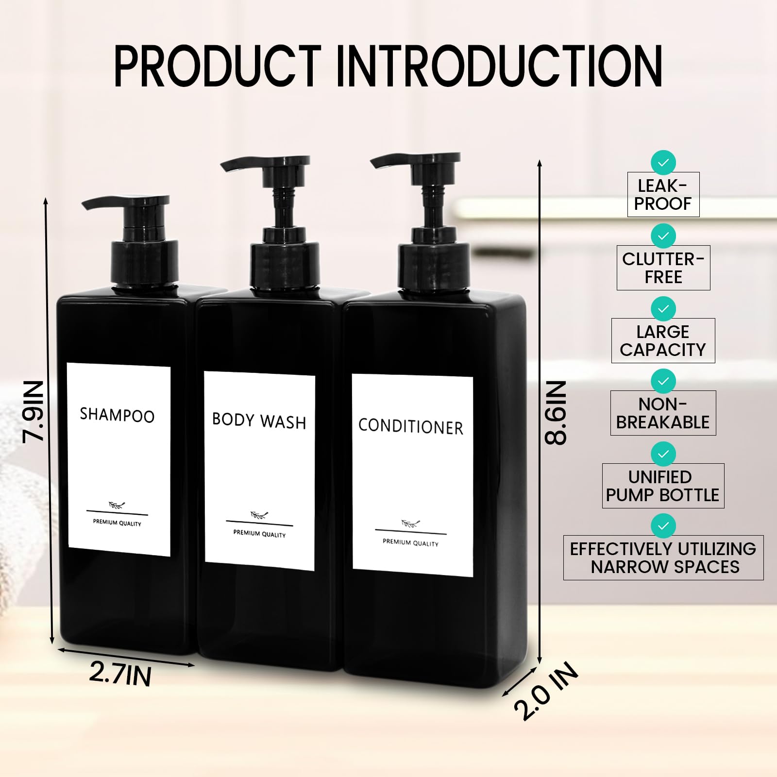 3-Pack Refillable Soap Dispensers With Labels - 16.9oz PETG Bottles For Shampoo, Conditioner & Body Wash