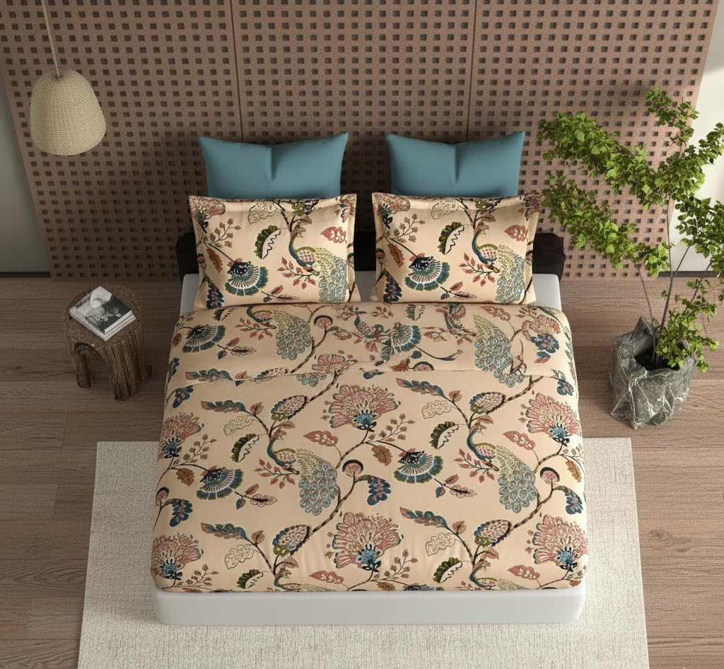 DECOMIZER 300 TC Cotton Feel Glace Cotton Elastic Fitted Printed King Size Double Bed Bedsheet with 2 Pillow Coverm Fits Upto 8 inches Mattress,Size- 72x78x10 Inches,Beige Anokhi