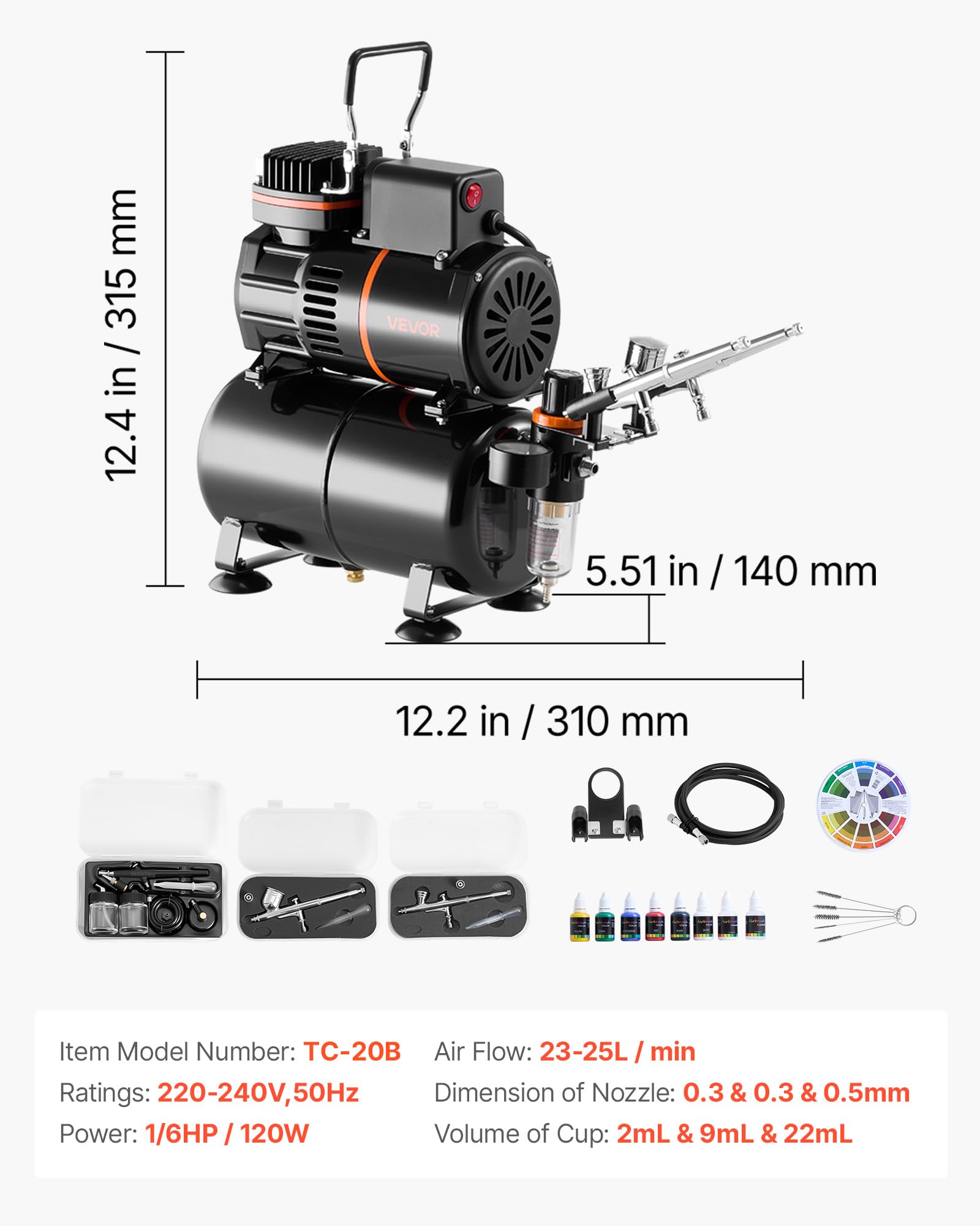 VEVOR Set Aerografo con Compressore d'Aria Serbatoio 1/6 HP, Spruzzatori a Doppia Azione Ugelli 0,3/0,3/0,5 mm Vernice Acrilica Ventole, Kit Aerografo per Decorazione di Pittura, Modelli