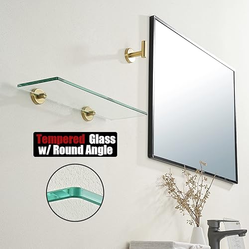 Miniatura 6 de JQK Estante de vidrio para baño dorado, almacenamiento de ducha de vidrio templado de 16 x 5 pulgadas, soporte de pared dorado cepillado de acero