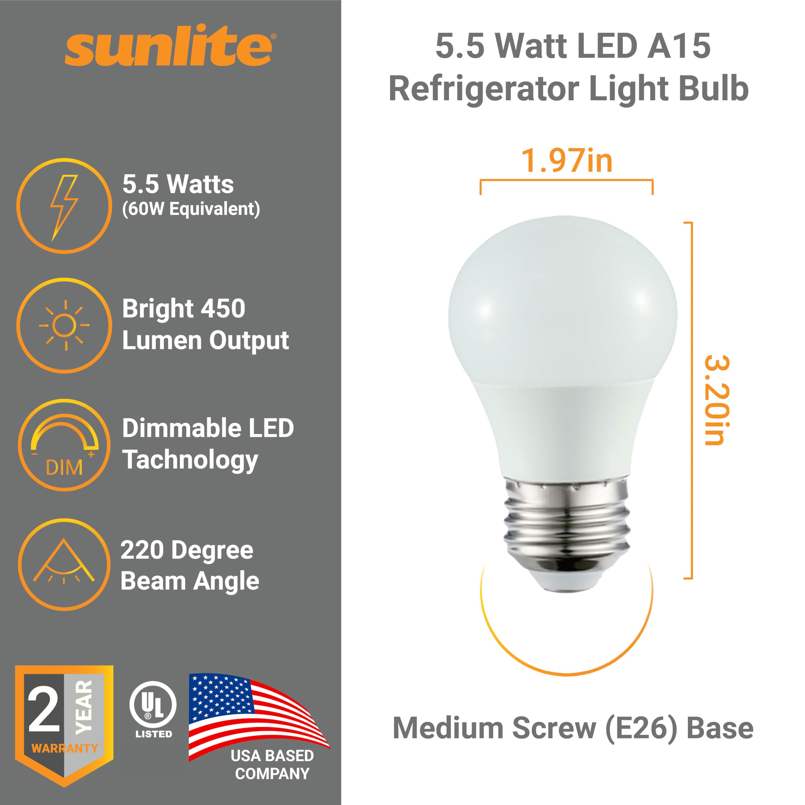 Sunlite LED A15 Refrigerator Light Bulb 5 5 Watts 40W Equivalent 450 Lumens Medium Base E26 Dimmable Frosted — view 2