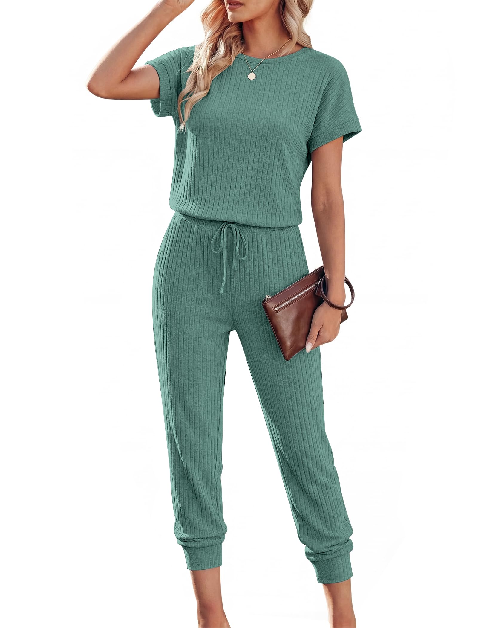 Ekouaer Jumpsuits for Women Dressy Summer Romper Ribbed Knit Casual Travel Outfits 2026 Vacation Beach Clothes