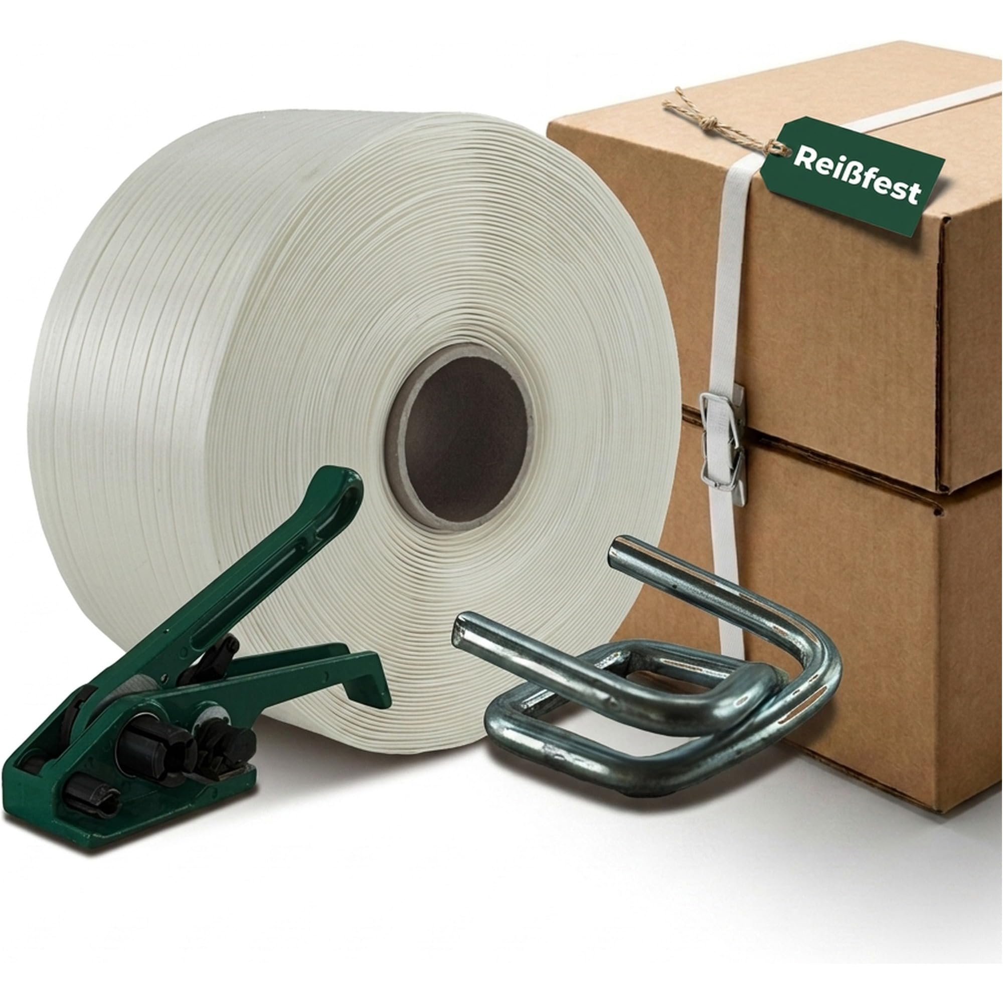 KK Verpackungen Umreifungsset Textil 13 mm | 1100 m Polyesterband 375 kg Reißfestigkeit | Bandspanner 9-19 mm, 100 Verschlussklemmen verzinkt | Für Textil- und PP-Umreifungsband