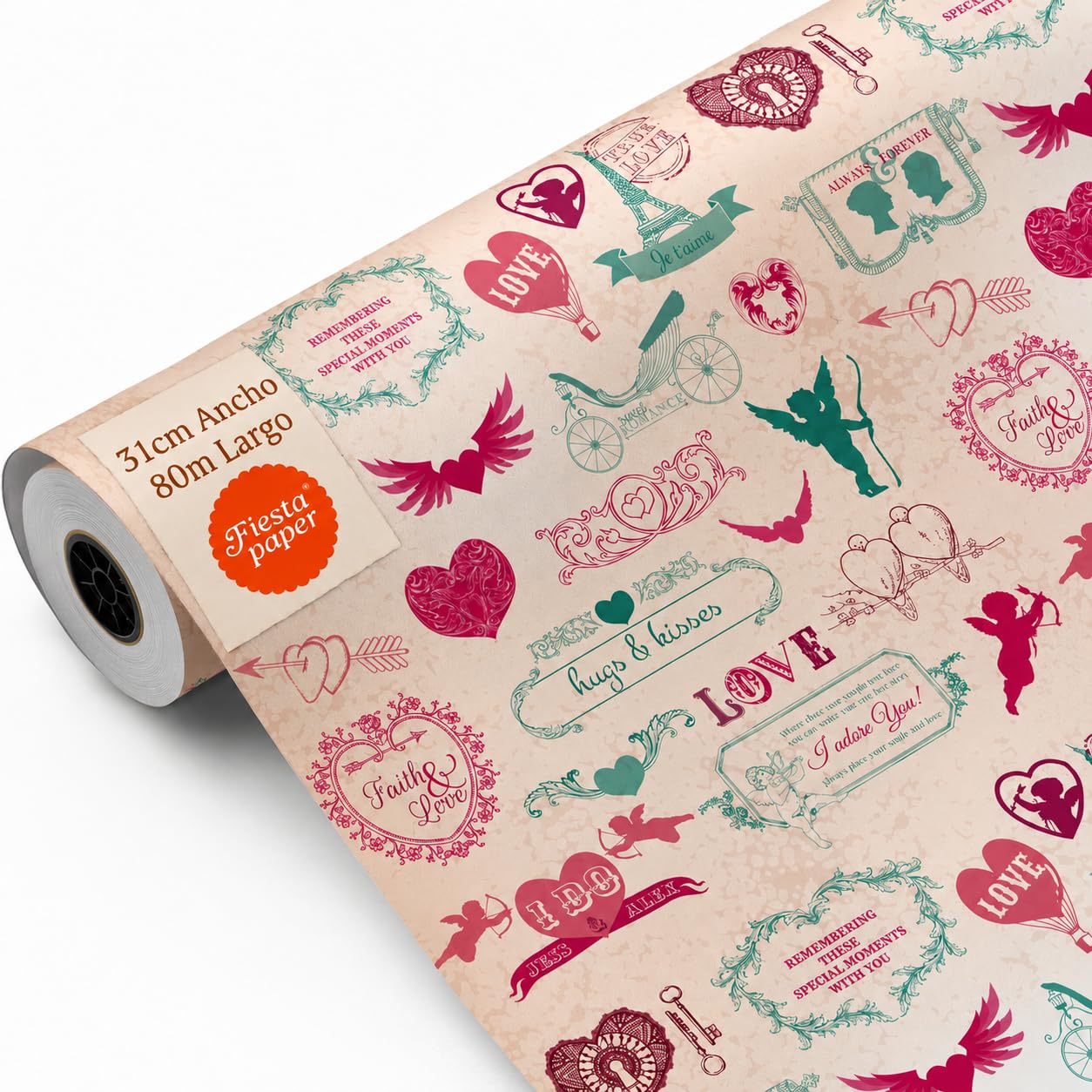 Rotolo di carta regalo Love Vintage, 31 cm x 80 m, bobina grande resistente, per San Valentino, regali di nozze, negozi FP Fiesta Paper