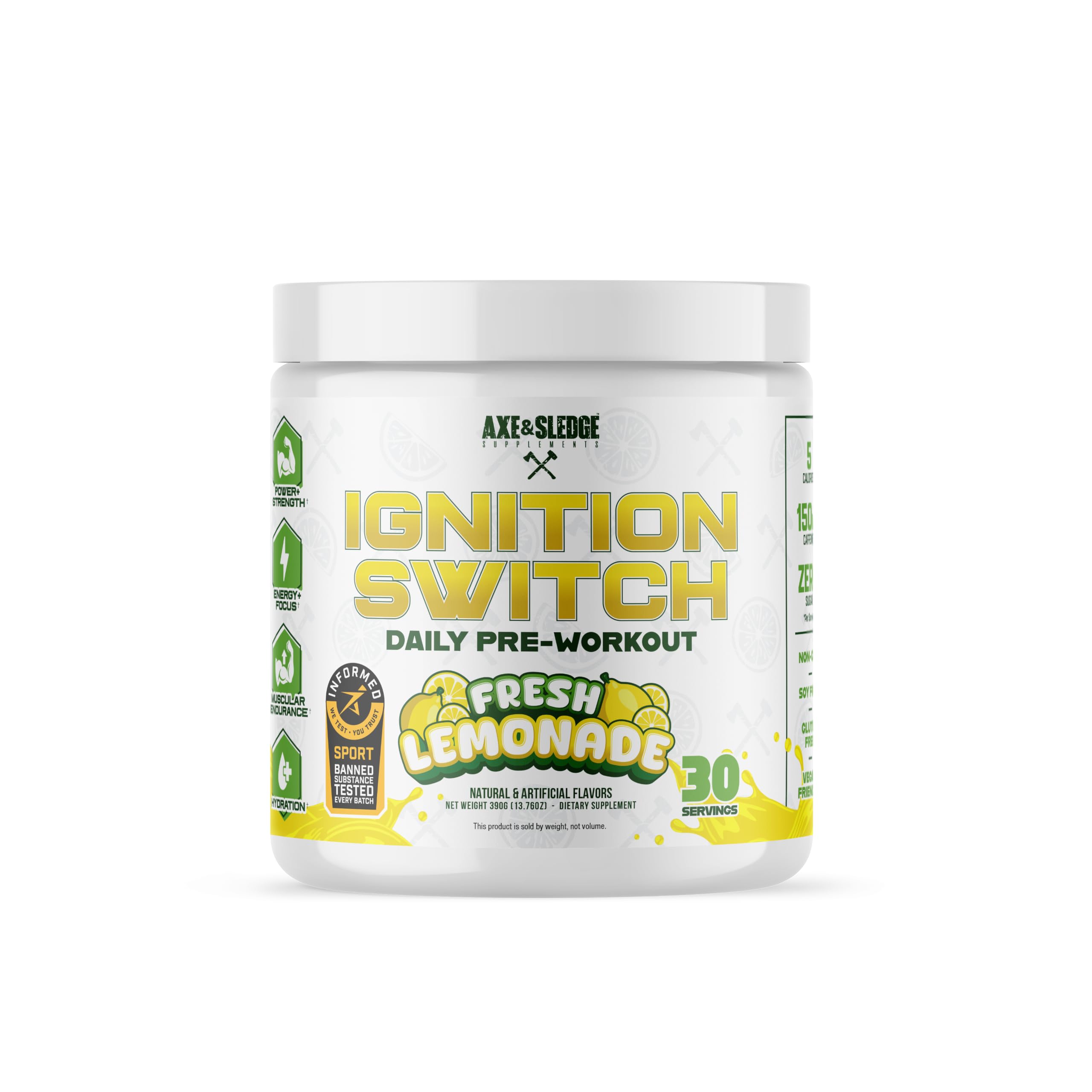 Axe & Sledge Pré-treino Ignition Switch com cafeína 150 mg por porção, Fresh Lemonade, 30 porções