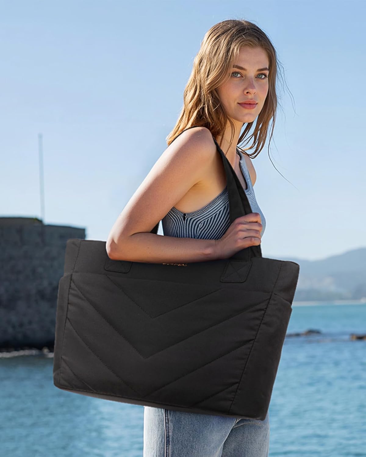 LOVEVOOK Tote Bag for Women, Puffer Work Travel Handbag with Zipper for Teacher Nurse, Quilted Cute Laptop Shoulder Gym Bag - Image 2