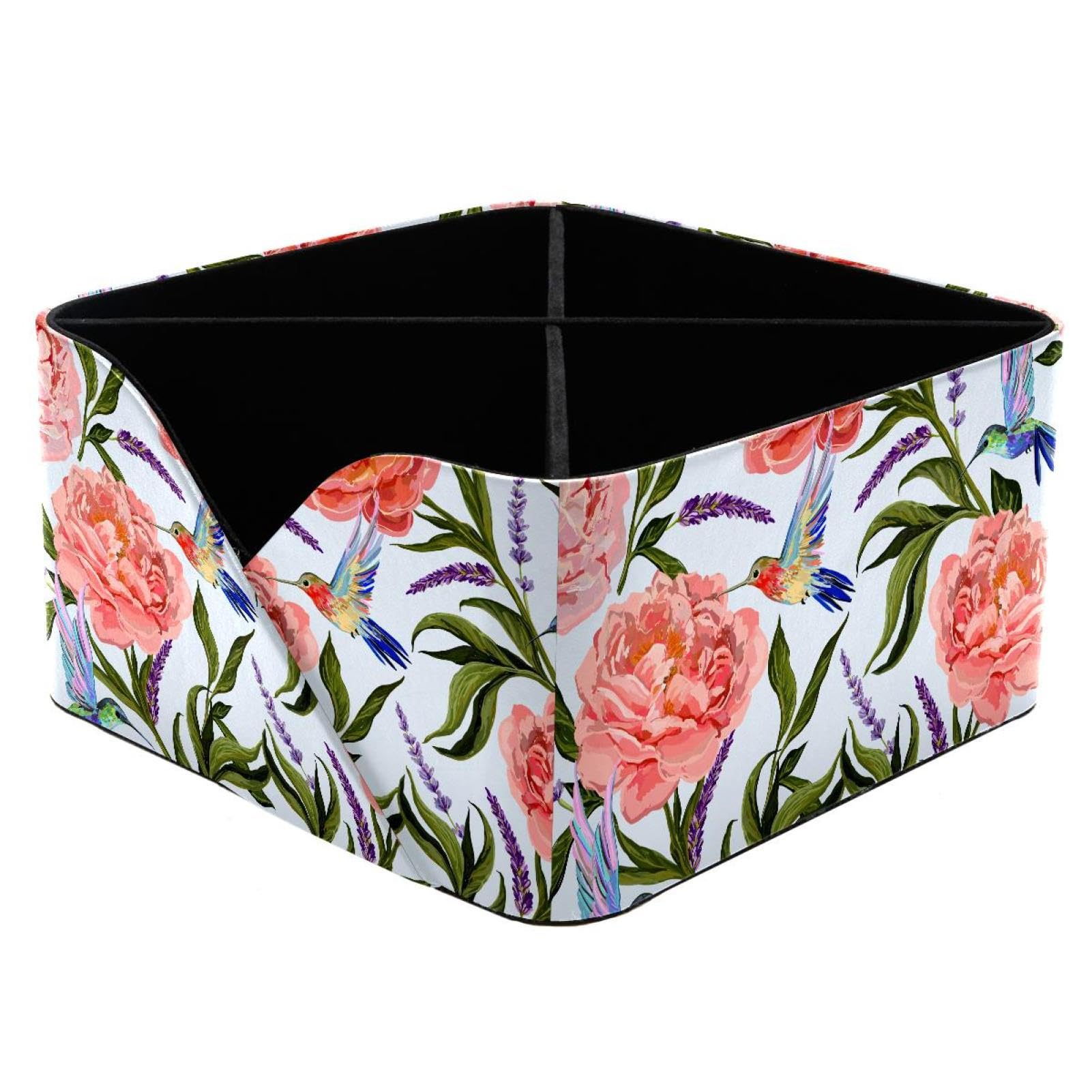 KengjuTesu Peony Flowers Lavender Hummingbirds Pattern Desktop Organizer Pen Holder, Rectangular Pencil Cup for Office, Study and Makeup Stations