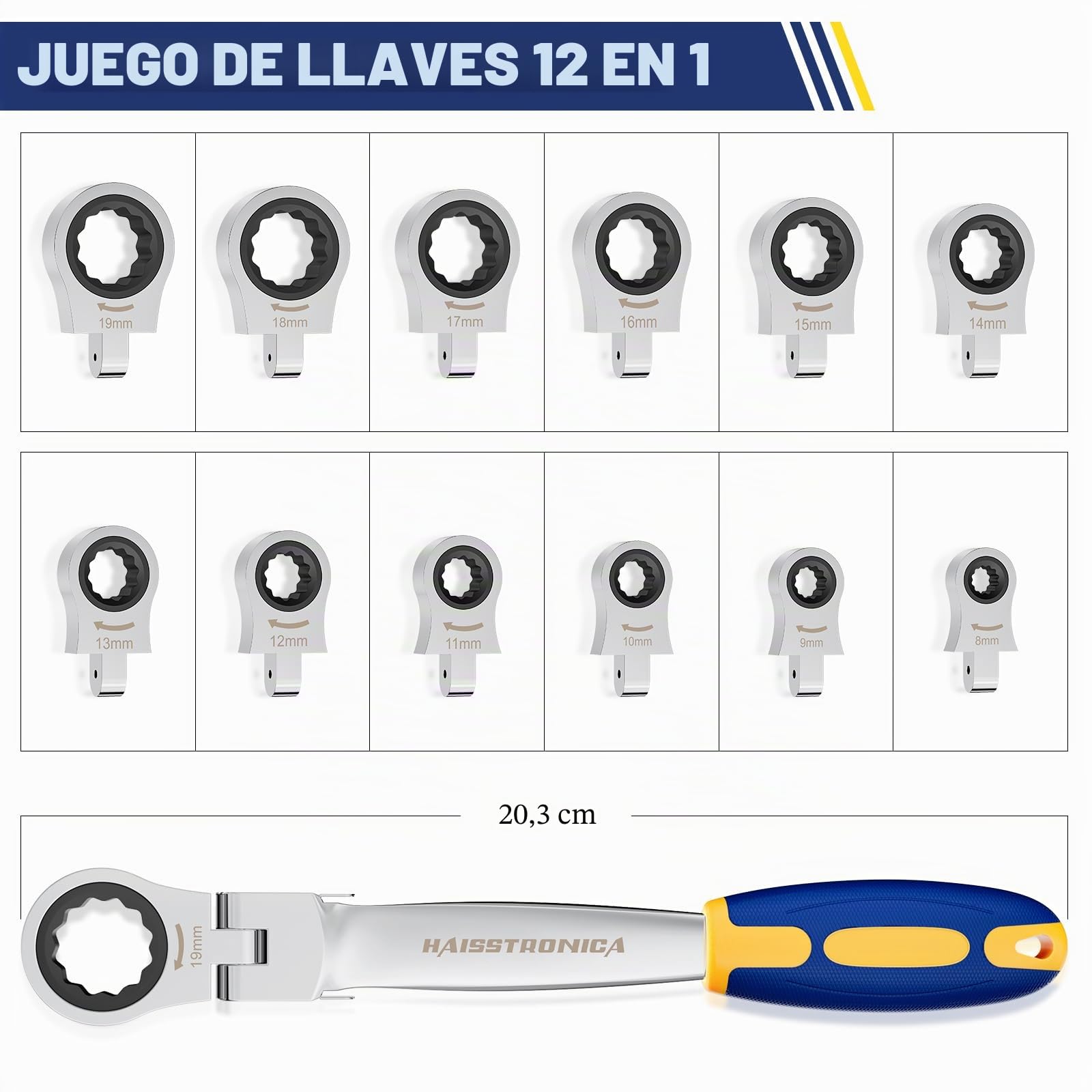 haisstronica Kit de Llaves de Carraca 12 en 1 – Llaves de Anillo Métricas de 8–19 mm con Cabezas Intercambiables para Automóvil, Juego de Llaves de Carraca para los Tornillos Principales del Vehículo