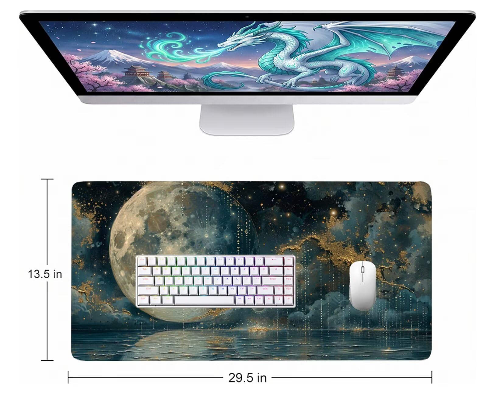 Azul Alfombrilla Ratón XXL 150x80 cm Mouse Pad Grande Gaming Luna Alfombrilla Escritorio Antideslizante, Protector de Mesa para Ordenador y Teclado, Bordes Cosidos, Accesorios Oficina, Regalo W6-317