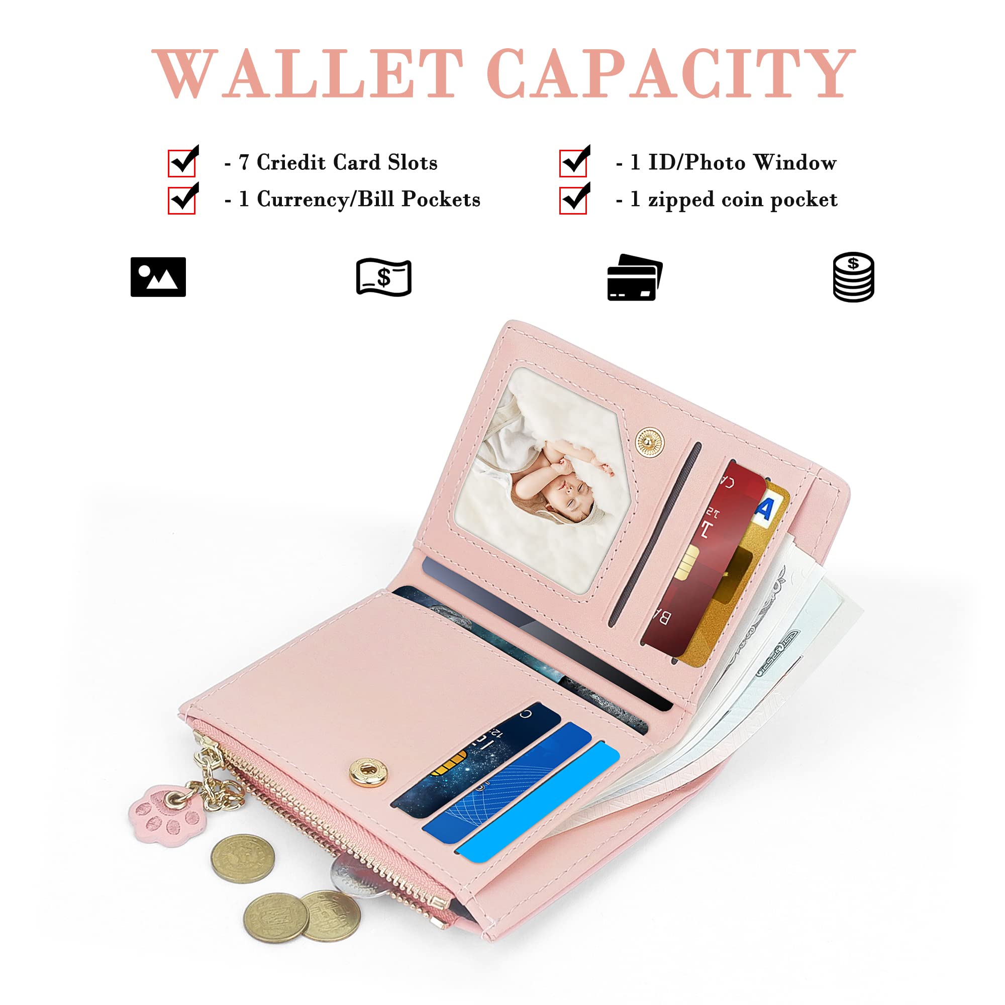 SNCCJ Portafoglio Donna Piccolo Carino, Portafoglio Sottile con Cerniera Portamonete e Bloccaggio RFID per Donna e Ragazza (Gatto Rosa)
