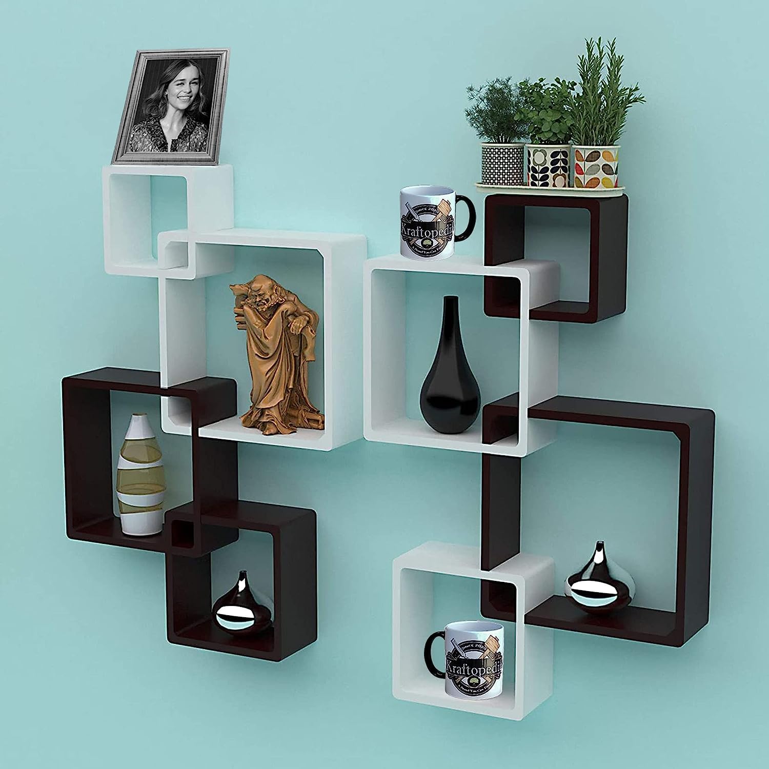 Maaz Art & Craft Intersecting Wall Shelf for Wall Decoration | Wall Shelves Set of 8 Wall Racks for Home Decor | Book Shelf for Office Decor Interlock Shelf for Kitchen | Bathroom Color (White Black)