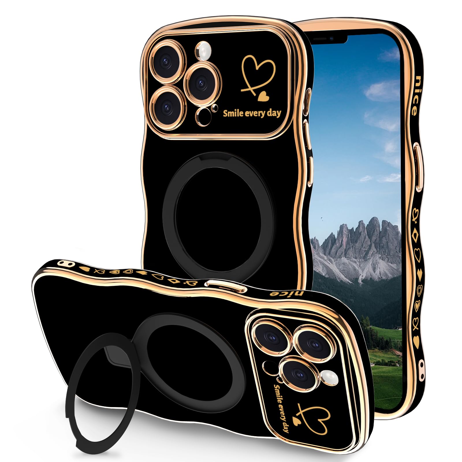 TKJSQ Case for iPhone 13 Pro Max with Magnetic Stand, Luxury Plating Curly Wavy Frame and Cute Heart Pattern, Lens Edge Raised Protection, Slim