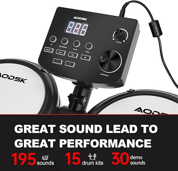 AODSK Electric Drum Set with Quiet Mesh Pads,Electronic Drum for Beginner,USB MIDI,Throne,Headphones,Sticks, Included 15 Kits and 195 Sounds (AED-403-Teenagers Beginners)