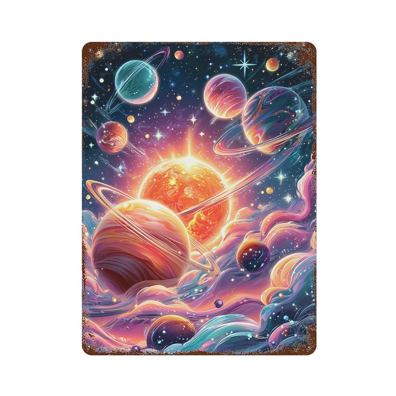 Vintage Rust Metal Sign with Cosmic Planets in Space-4 Design 15.7"x11.8", for Office, Studio And Wall Decor, Farmhouse Wall Decor