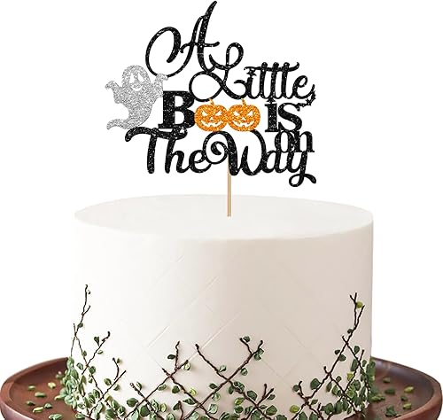 A Little Boo Is On The Way - Decoración para tartas de cumpleaños con purpurina negra, decoración de pastel de cumpleaños, decoración de pastel de