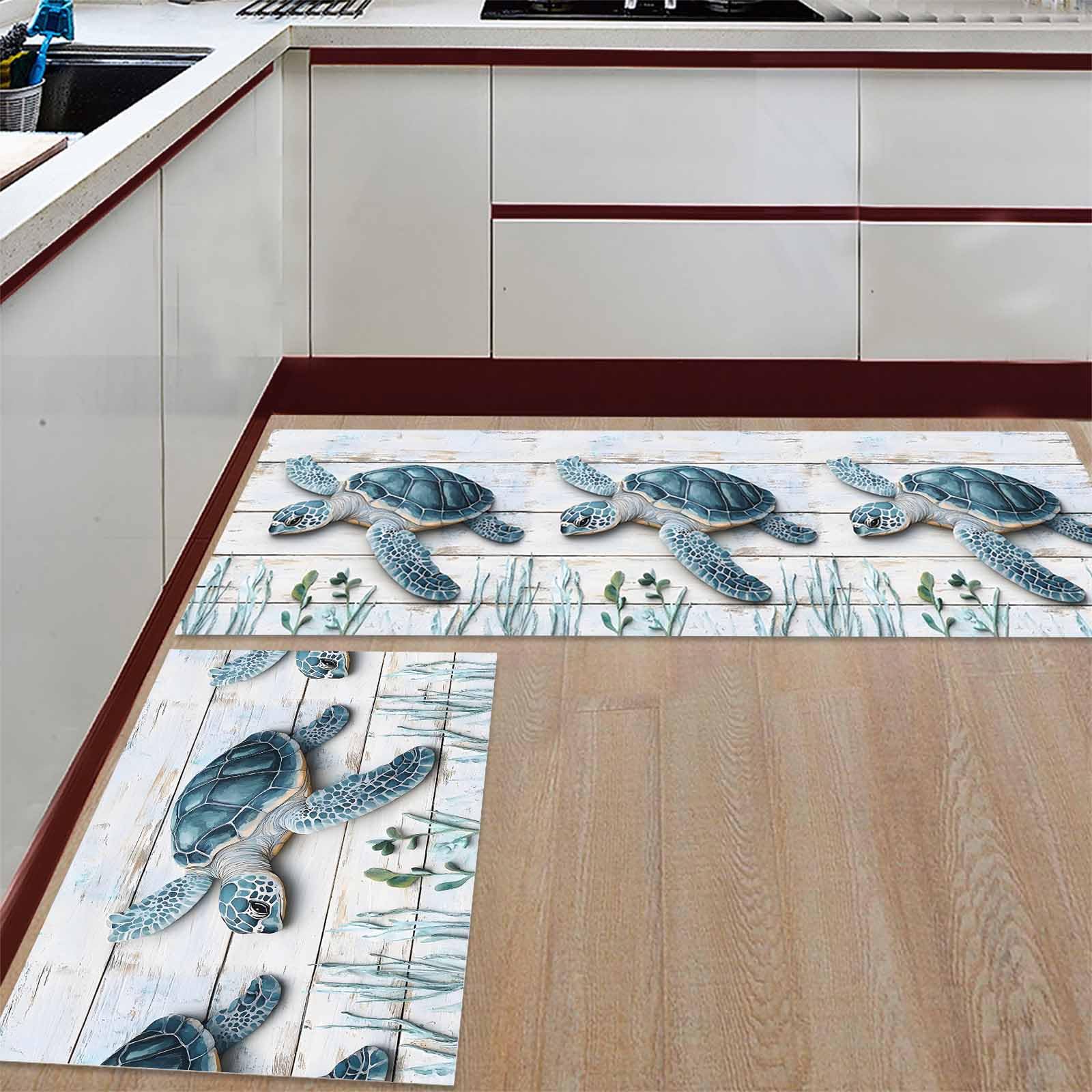 2 Pieces Kitchen Rugs and Mats,Summer Ocean Teal Turtle Seagrass Area Runner Rug Set Non Slip Floor Doormat Washable Carpet Standing Mat for Kitchen Sink Indoor Corridor,Retro White Wood Plank