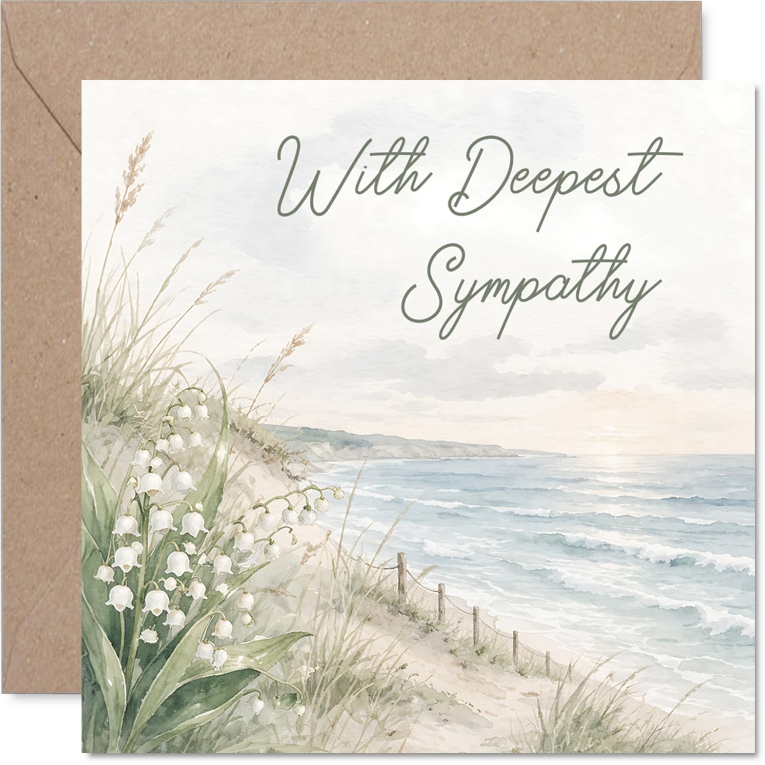 Comforting Sympathy Card - A Gentle Touch in Difficult Times - Serene Coastal Scene with Delicate Wildflowers - 145mm Square, Envelope Included