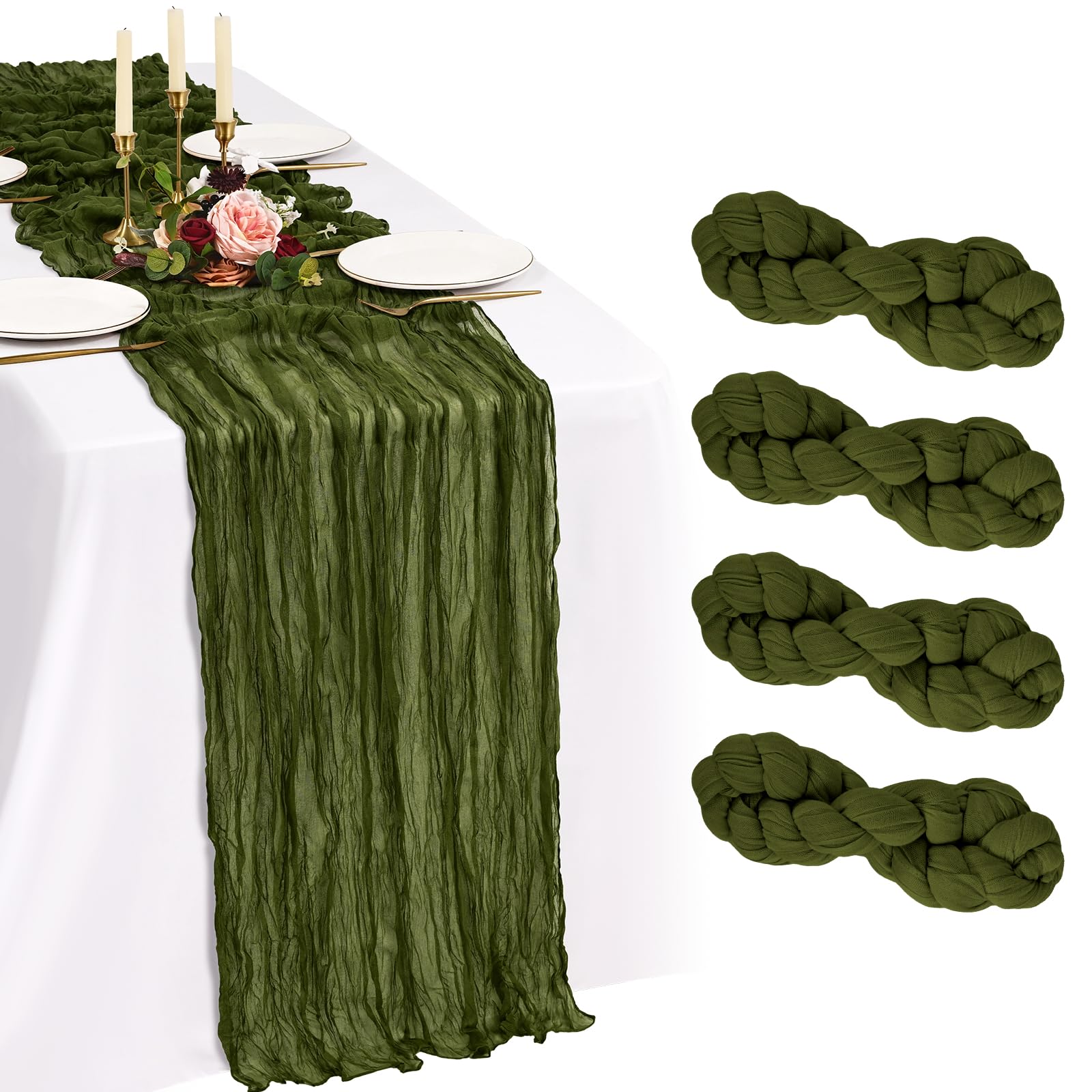 Showgeous Olive Green Cheesecloth Table Runner 90x300cm, Boho Gauze,4 Pack