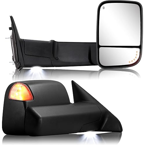Towing Mirror for Dodge Ram - Replacement fit for 2009-2018 Dodge Ram 1500 2500 3500 Pickup Truck with Power Adjusted Glass Heated LED Turn Signal Light Puddle Lamp Temp Sensor Flip Up Pair Set
