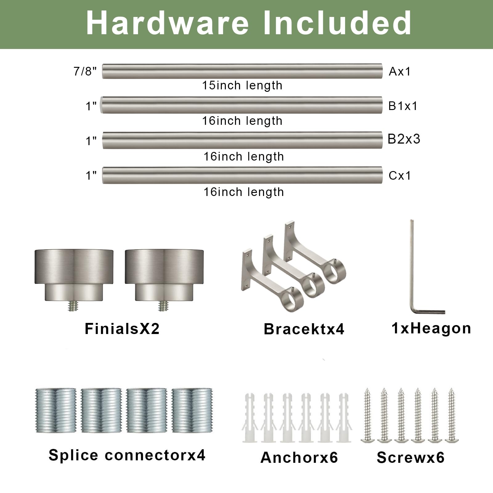 Gardinenstangen, 40,6–218,4 cm, Durchmesser 2,5 cm, Spleiß- und Teleskopstruktur, Fensterbehandlungsstangen-Set, verstellbare Gardinenstangen, robuste Stange, Matte Nickel