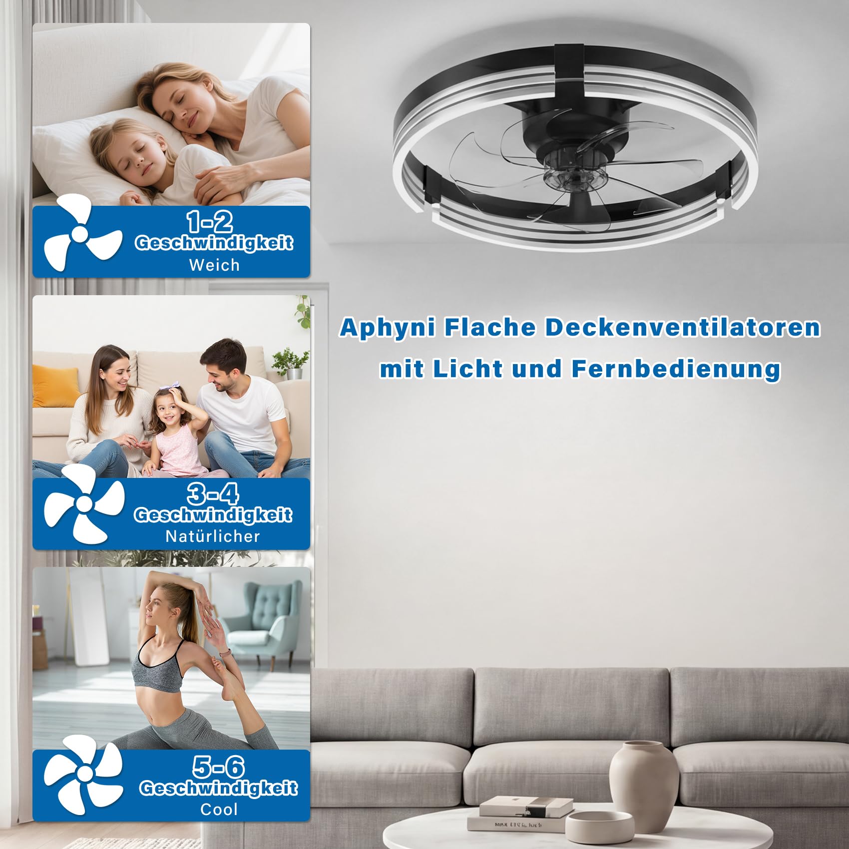 Moderner LED Deckenventilator mit Beleuchtung und Fernbedienung, 50cm, 6 Geschwindigkeiten dimmbar 3000-6500K, leise, Schwarz