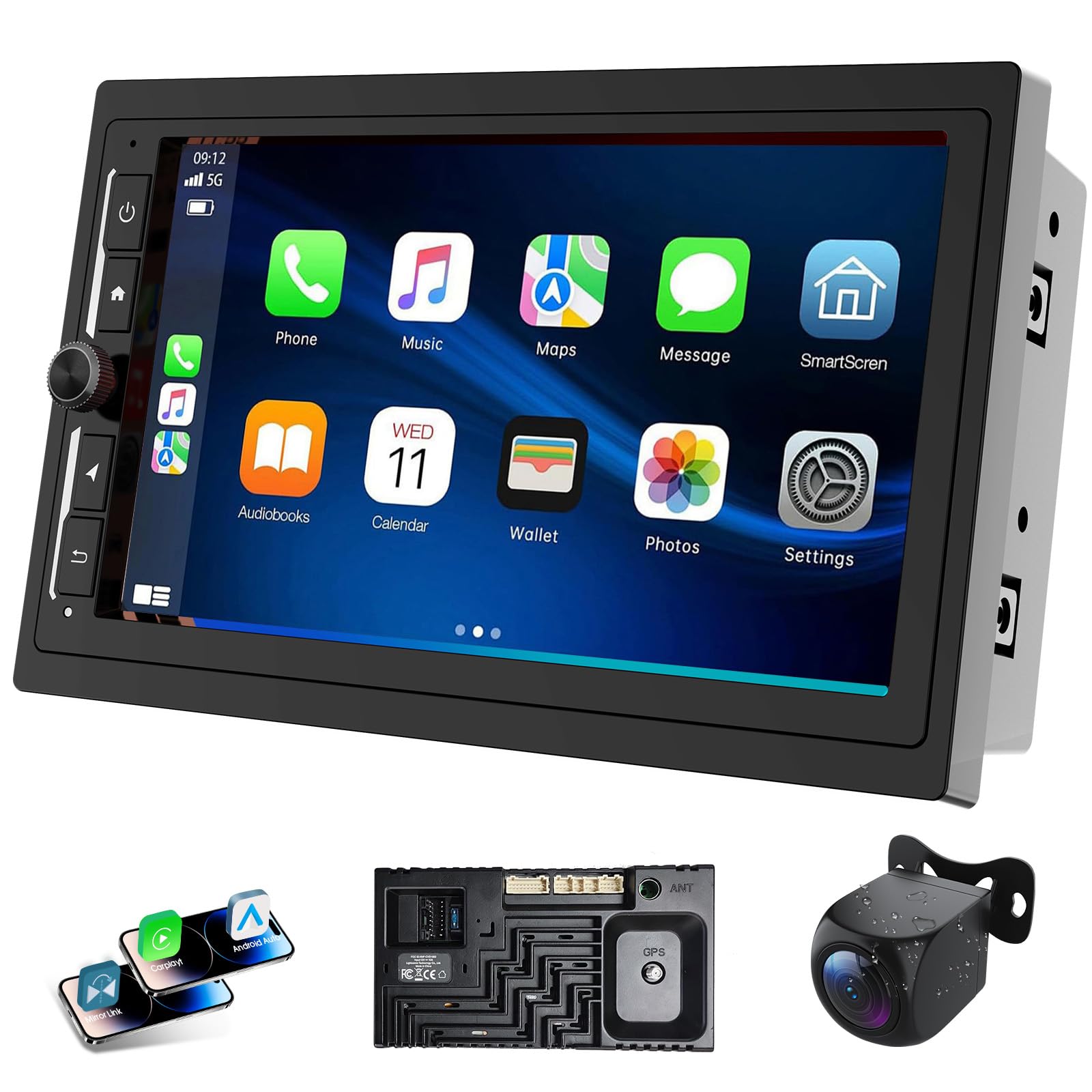 Haudio Radio samochodowe 2 DIN, 7 cali samochodowe stereo z bezprzewodowym systemem Android Auto & Carplay, kamera cofania 720p, Bluetooth, Mirror Link, SWC, sterowanie kierownicą, FM/AM/RDS/ASP, 2+32