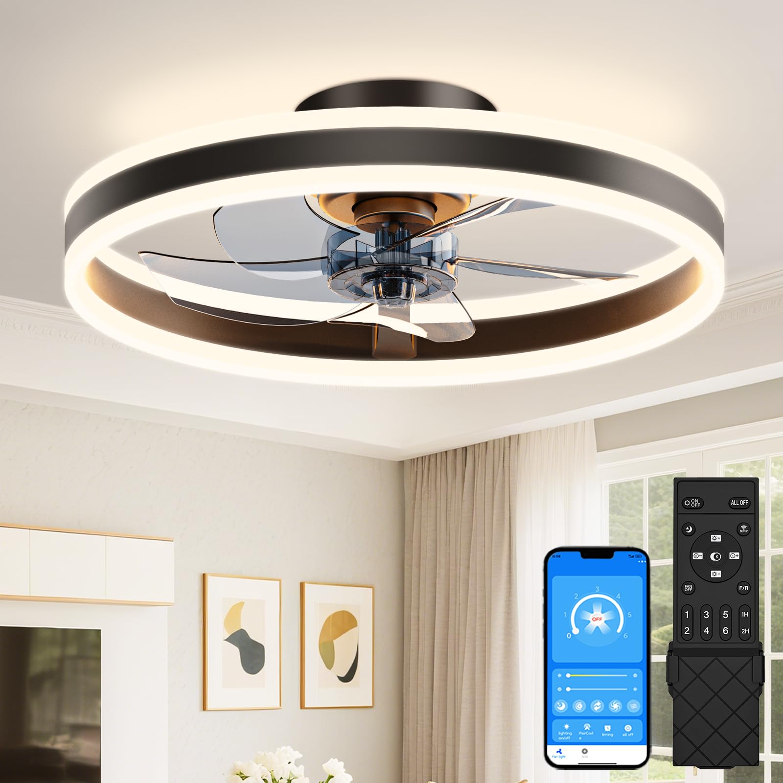 VOLISUN Ceiling Fans with Lights and Remote, 59.5cm Modern Smart LED Ceiling Fan Light, 6 Speeds and 3000K-6500K Dimmable Quiet Fan Ceiling Lights for Bedroom Living Room Dining Room (Black)