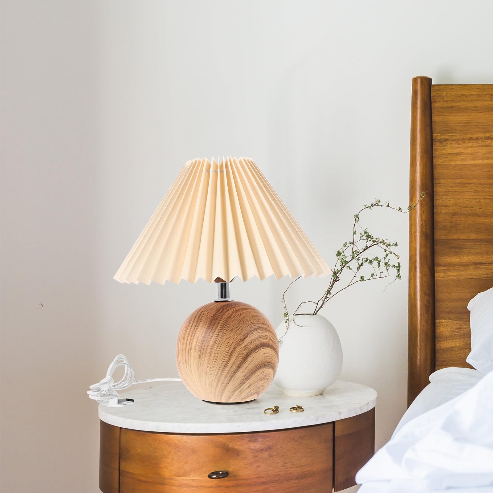 SHINEOFI Lampada da Tavolo Dimmerabile Paralume Plissettato e Base in Venature del Legno, Porta USB Integrata per Camera da Letto e Soggiorno, Luce Regolabile Continua per Lettura e Relax