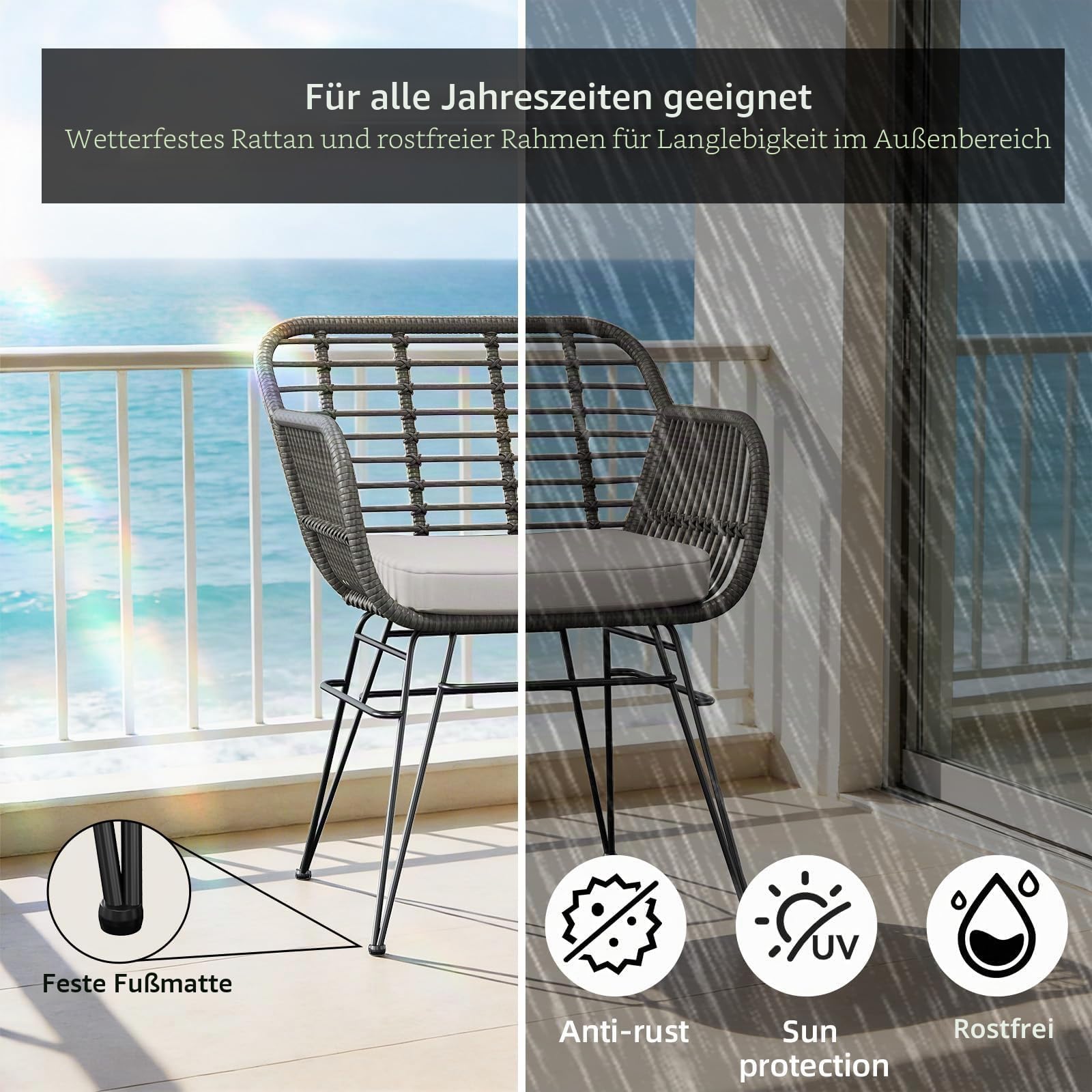 Acekool Outdoor Rattan Sitzgruppe, Möbel Für 2 Personen, 3-TLG. Bistroset, Balkonmöbel, Gartenmöbel Set Mit 2X Stühle + Balkonmöbelset für Garten, Terrasse, Balkon -Grau & Beige