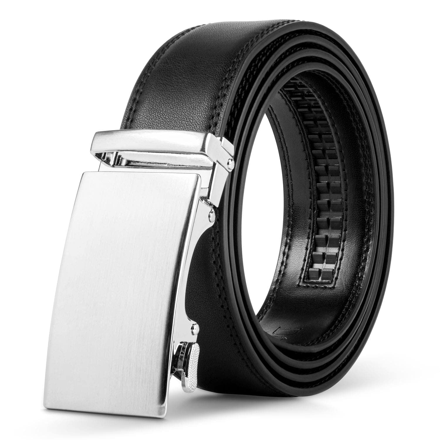 Dqt Men's Smooth, Black Black Leather Ratchet Belt – Automatic Buckle Dress Belt With Gift Box - Black Smooth