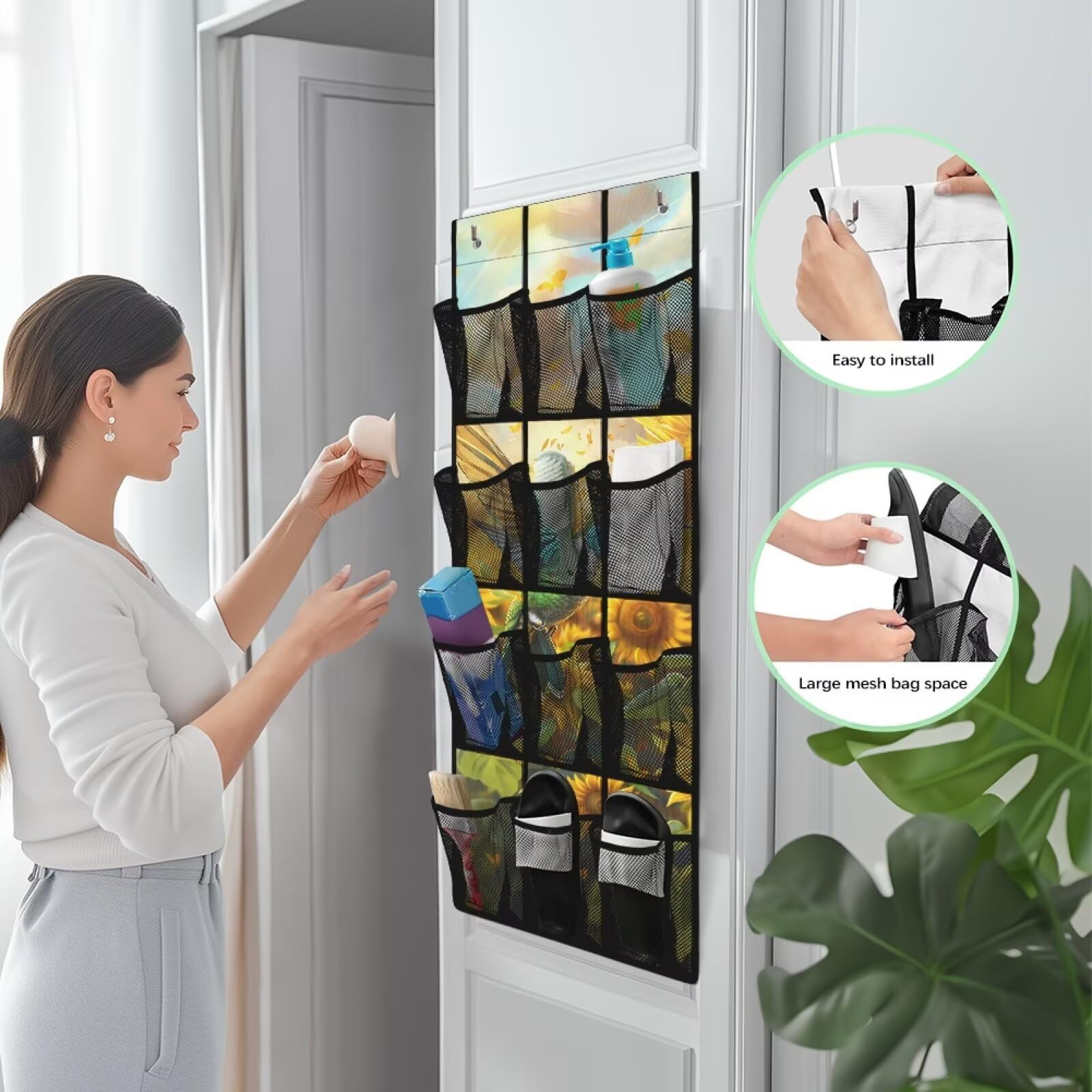 Sellikakes Sunflower Bird Over the Door Hanging Organizer for Closet - Large Storage Bags with Metal Hooks, Space Saving Home Organization