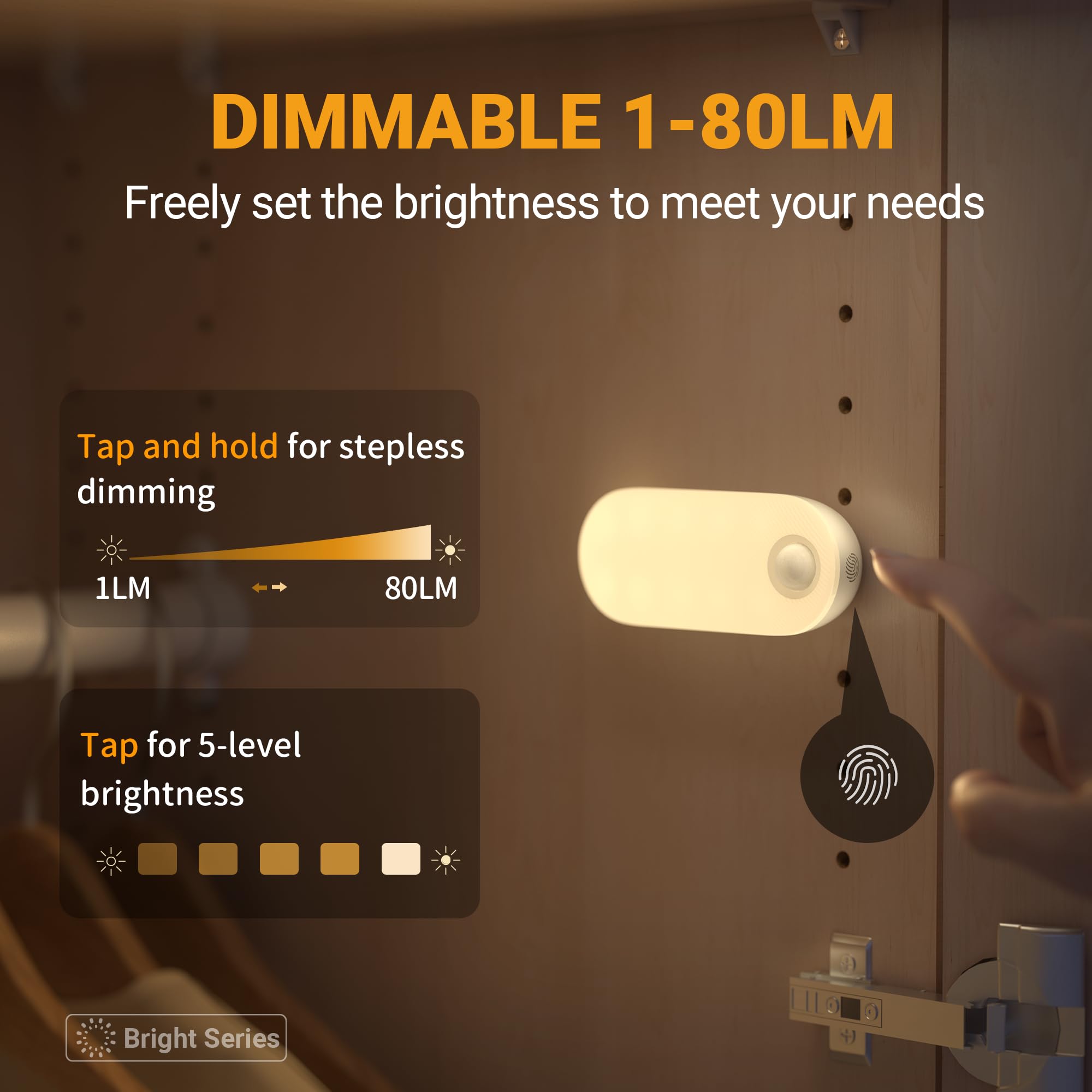 Lyridz - Luz nocturna recargable con sensor de movimiento, 1500 mAh, luces nocturnas que funcionan con pilas, luz LED de clóset, brillo regulable de 1-80 lm, para baño, cocina, escaleras, pasillo, 3