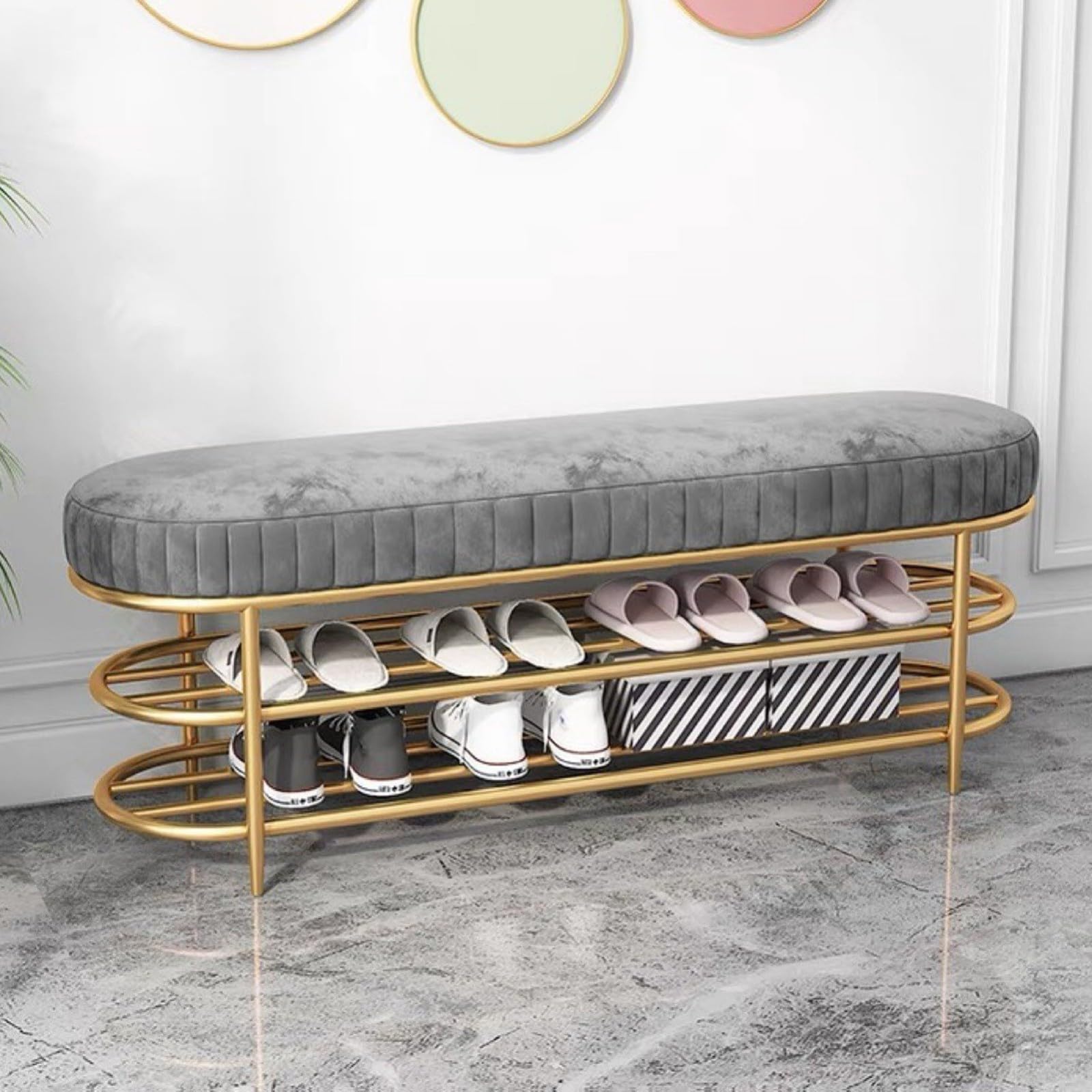 WJFTODAY Velvet Upholstered Entryway Shoe Rack Bench 3 Tier Shoe for Bedroom Closet Hallway & Doorway Stylish Storage Solution for Shoes & Accessories 120cm