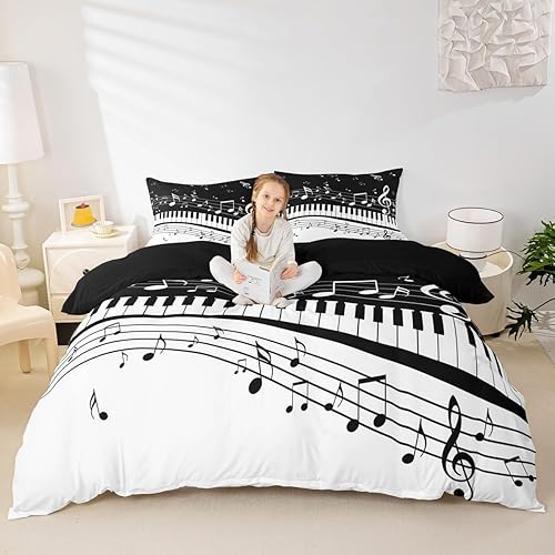 Miniatura 4 de Erosebridal Funda de edredón con diseño de piano y notas musicales giratorias, juego de ropa de cama con teclas blancas negras para niños y niñas,