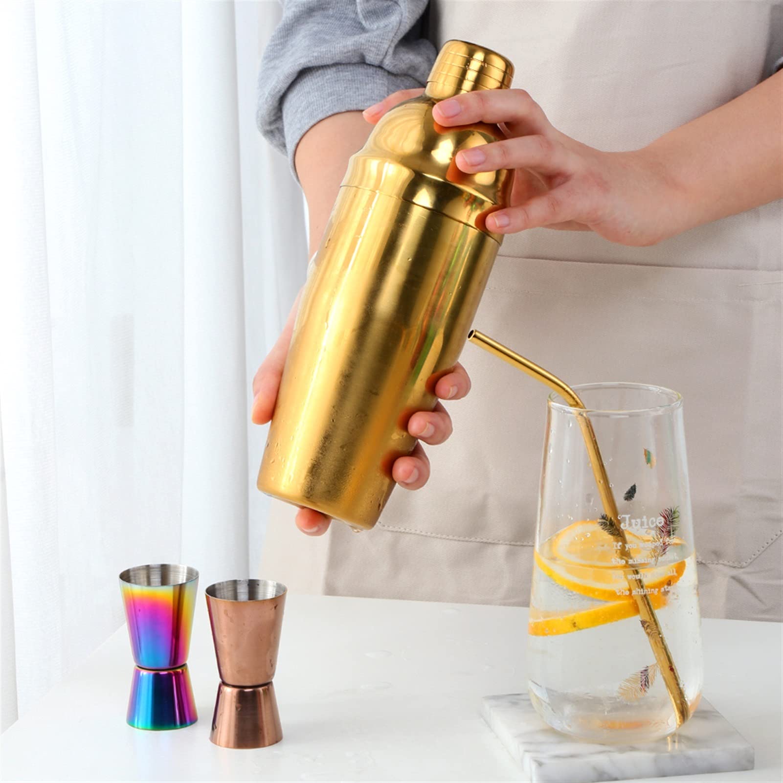 Juego de Coctelera 750 ml Cóctel Shaker Acero Inoxidable Boston Cóctel Conjunto Shaker Steer Voulters Gold Bar Herramienta Conjunto con Striador Mida Cup Bartender Agitador de Cócteles