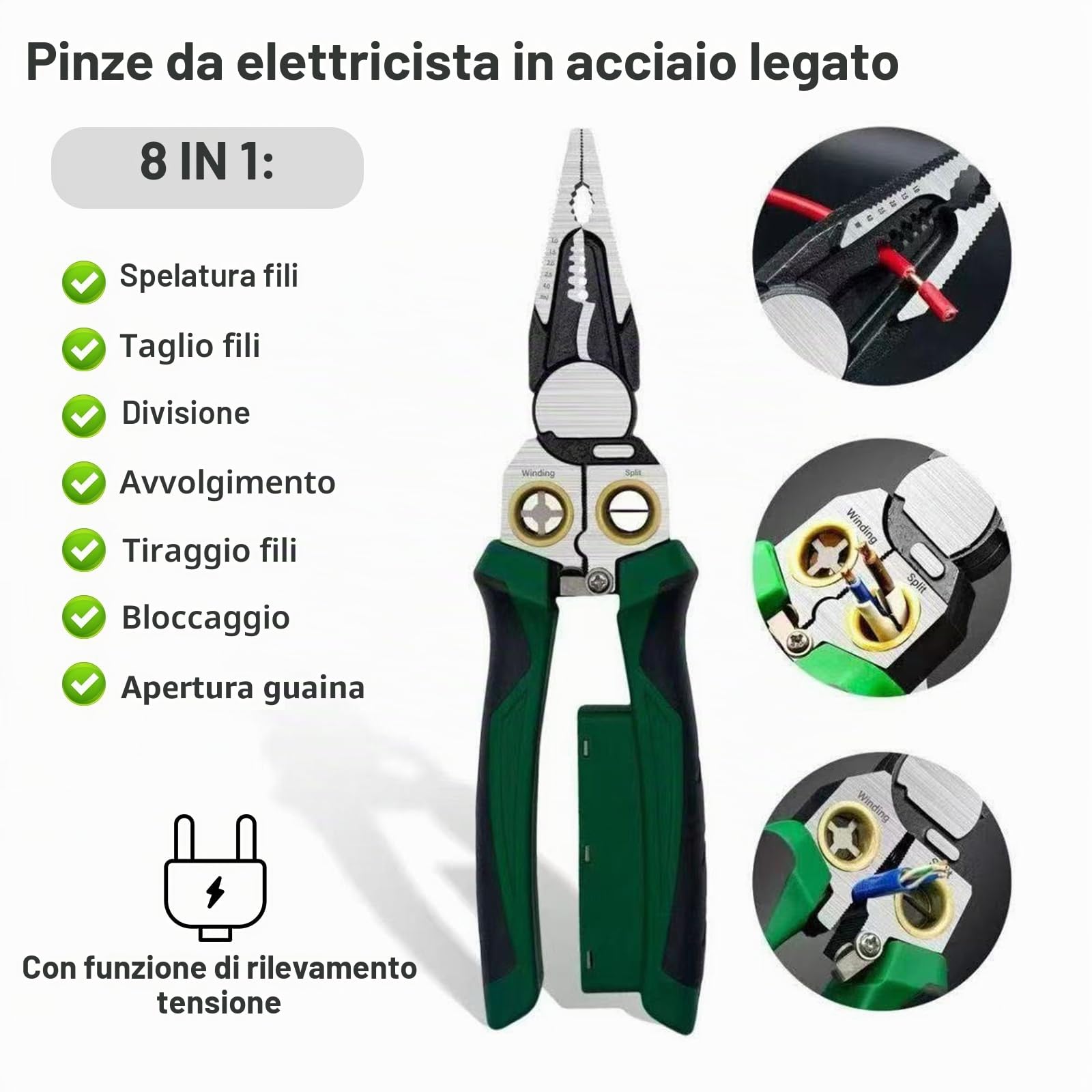 Pinza Spelafili 8 in 1 con Tester di Tensione, Utensile Elettricista Multifunzione per Tagliare, Crimpare, Tirare Cavi