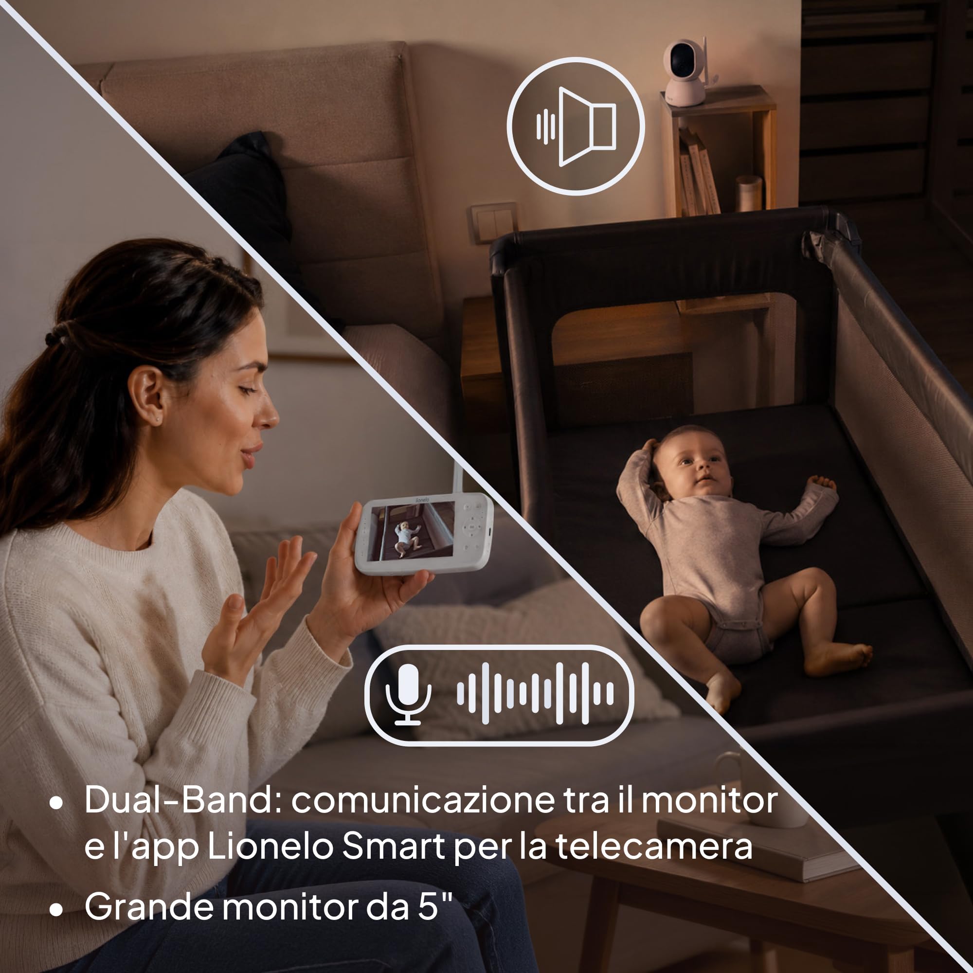 lionelo Babyline 8.4 Baby Monitor Video WiFi con App e Monitor 5" | Videocamera Full HD, Visione Notturna, Movimento e Pianto, Audio Bidirezionale, Portata 300 m e Temperatura