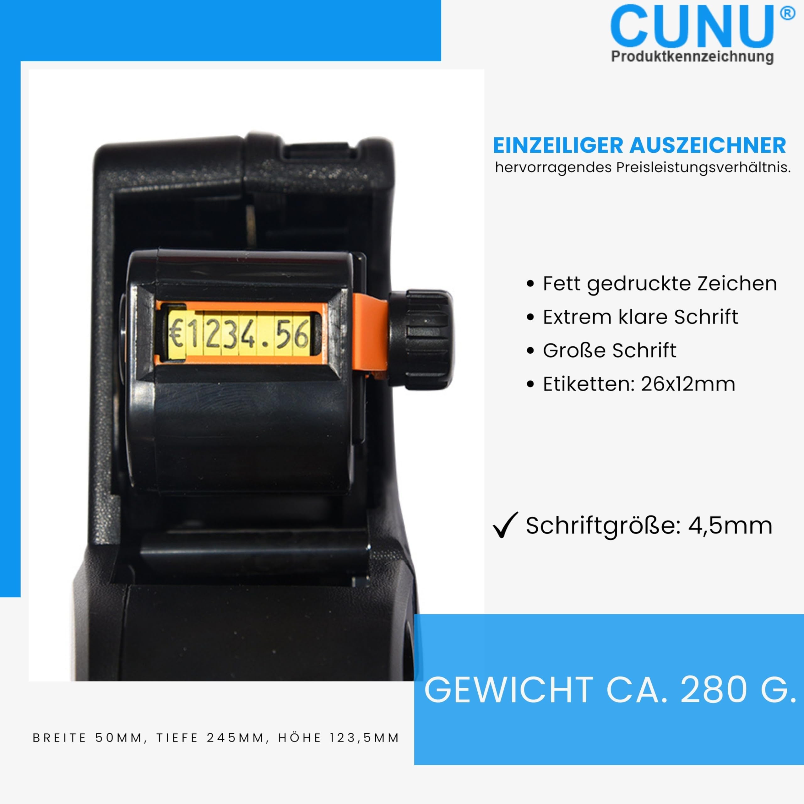Einzeiliger Auszeichner für Preise, Datum, Grundpreise & Chargennummern - Etikettiergerät einzeilig für 26x12mm Etiketten - Profi Gerät/Maschine geeignet als Datumsauszeichner und Preisdrucker