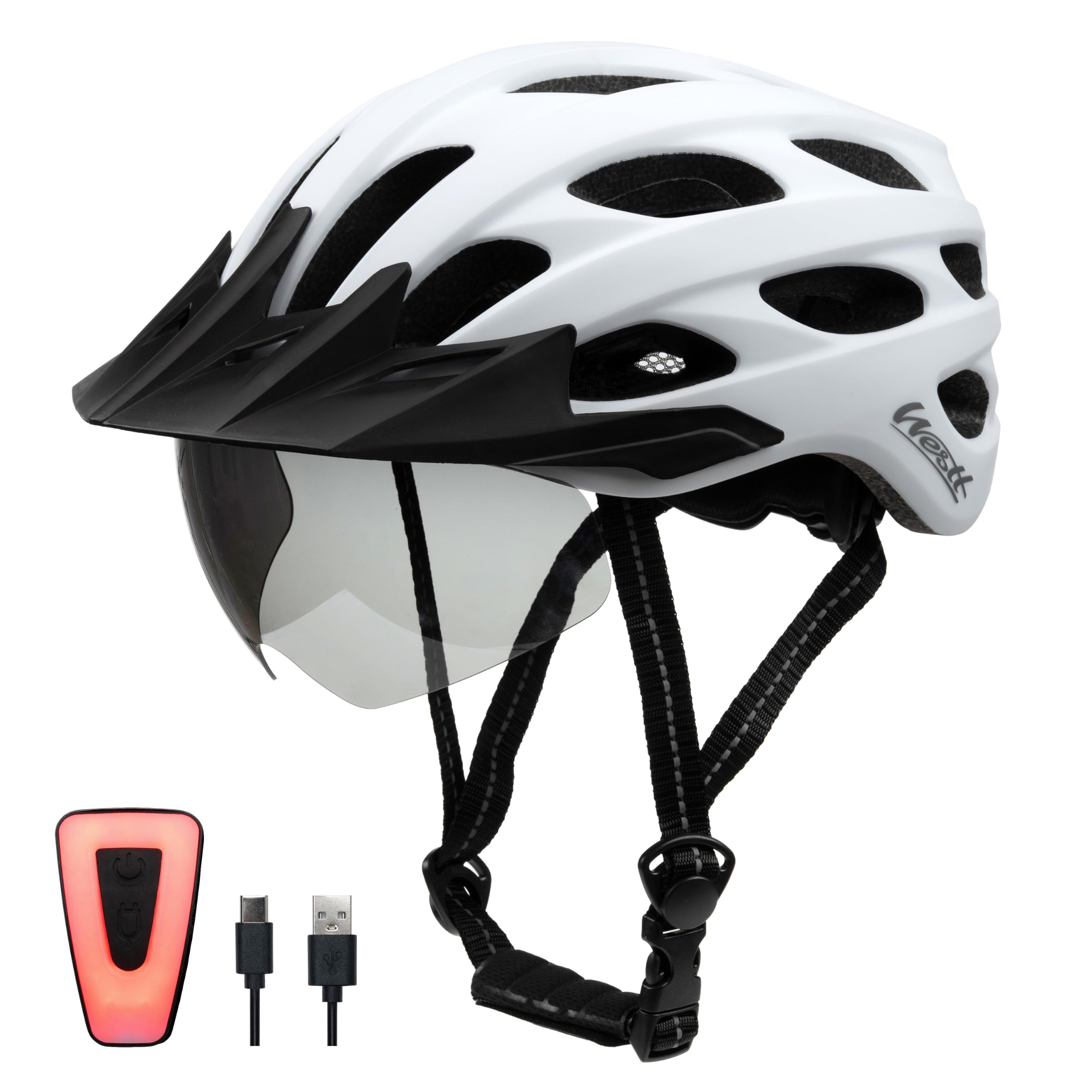 Westt Casco de Bicicleta con luz Recargable y Visera, para Hombre y Mujer