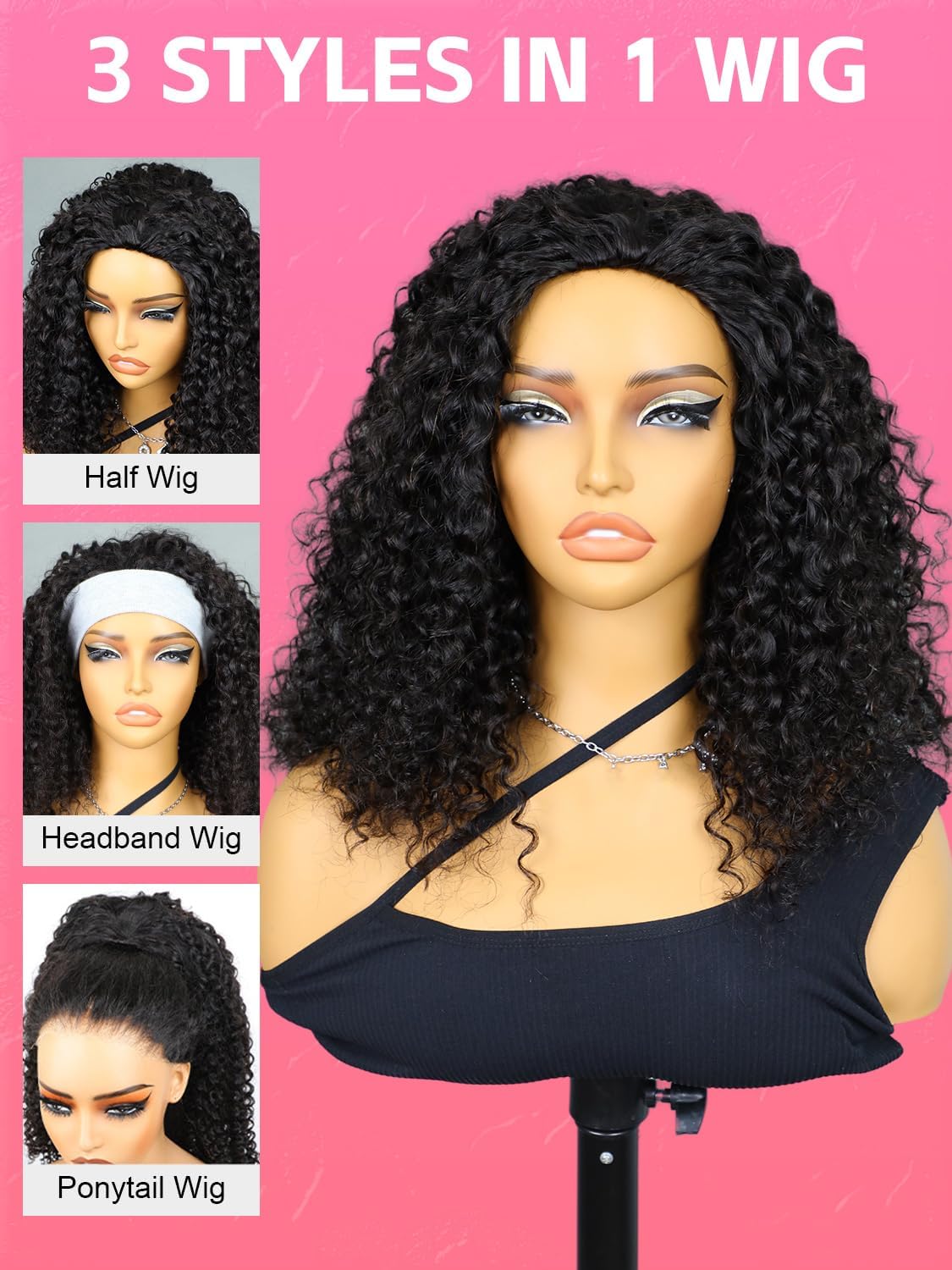 20 InchCurly Half Wig Human Hair 180 Density 3 In 1 Seamless Flip Over Half Wigs Beginner Friendly Glueless Wear and Go Kinky Curly Wig Human Hair Drawstring Headband Wig for Women - Image 2