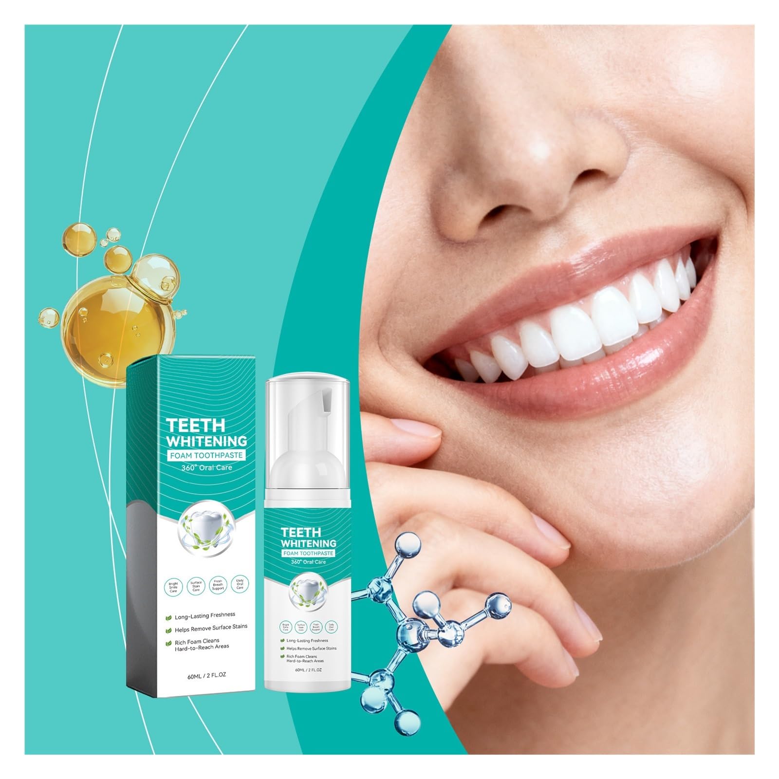 Mousse blanqueadora de dientes tipo bomba 60 ml | La espuma se dispensa directamente, cubriendo finamente los dientes for eliminar los residuos.(2pcs)