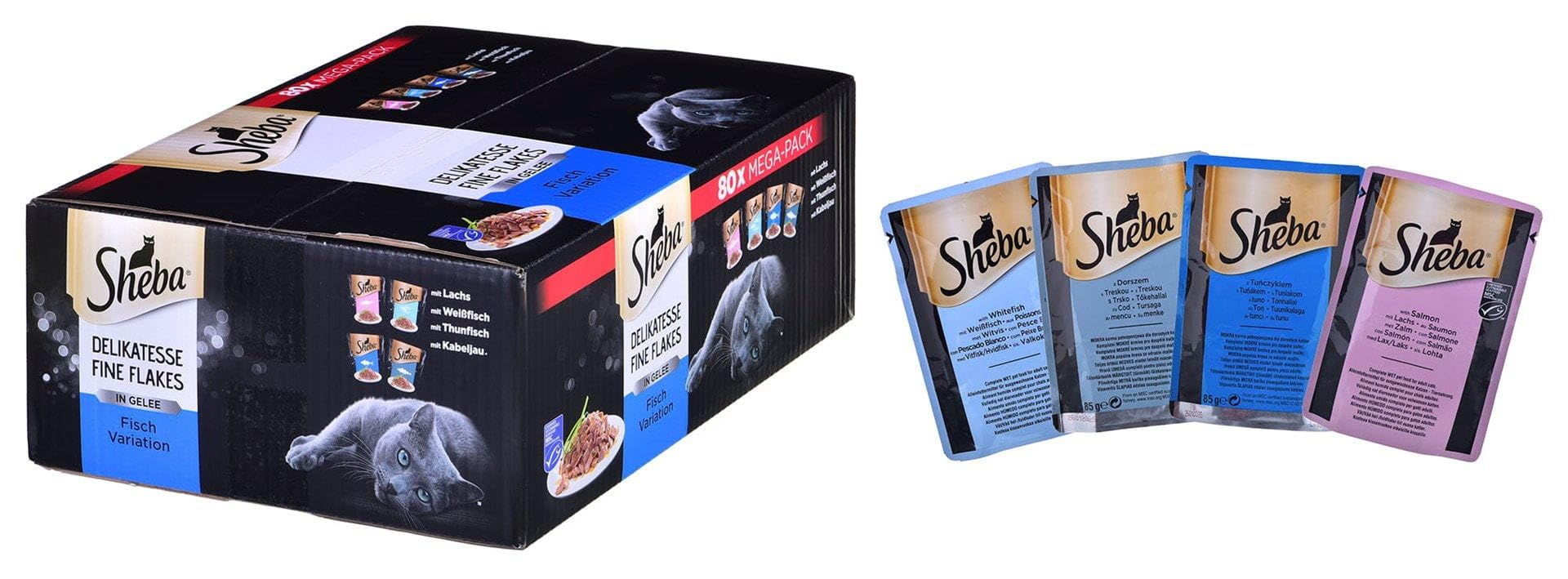 Sheba Delicatesse Fine Flakes, 80 x 85 g, confezione Mega Pack – cibo per gatti bagnato, selezione di pesci in gelatina con salmone, pesce bianco, tonno e merluzzo per gatti adulti