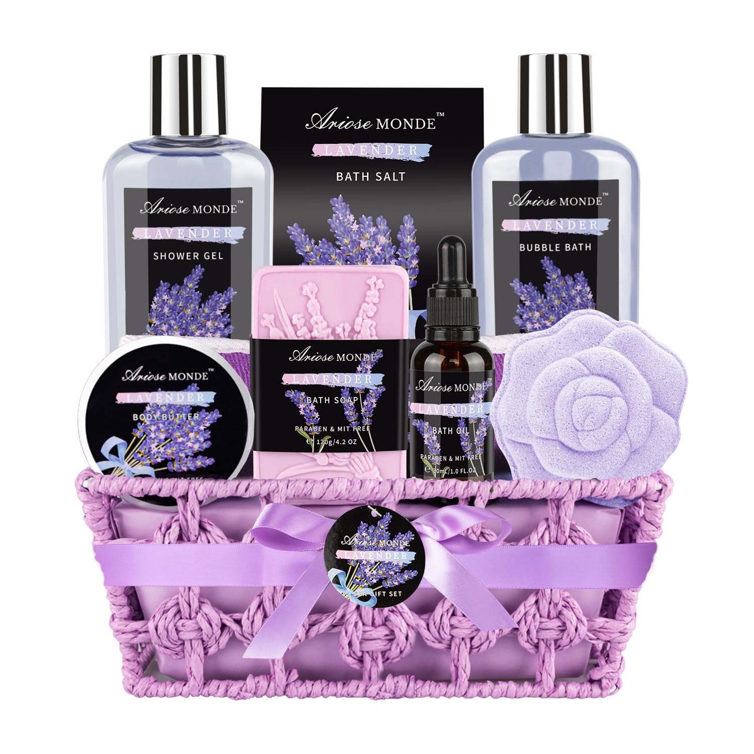 Spa Bath Gift Basket Set, Lavender Home Spa Girt for Women, with Shower Gel, Bubble Bath, Body Butter, Bath Salt, Bath Bomb, Bath Oil, Bath Soap, Best Gift Idea for Mother, Girlfriend, Wife,9 Pcs