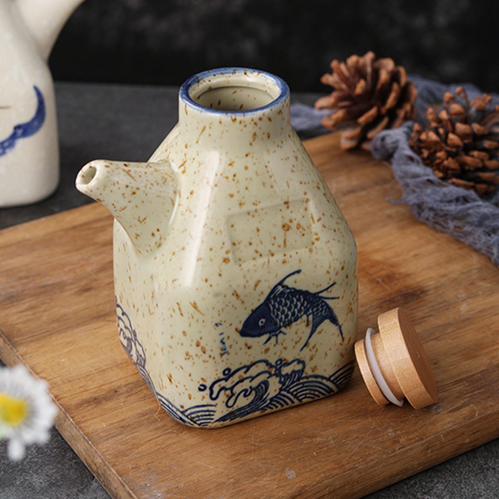 Dispensador de salsa de soja de cerámica japonesa con tapón, botella de especias tradicional para uso en cocina y restaurante, ideal para cocinar en casa, regalos y comedor